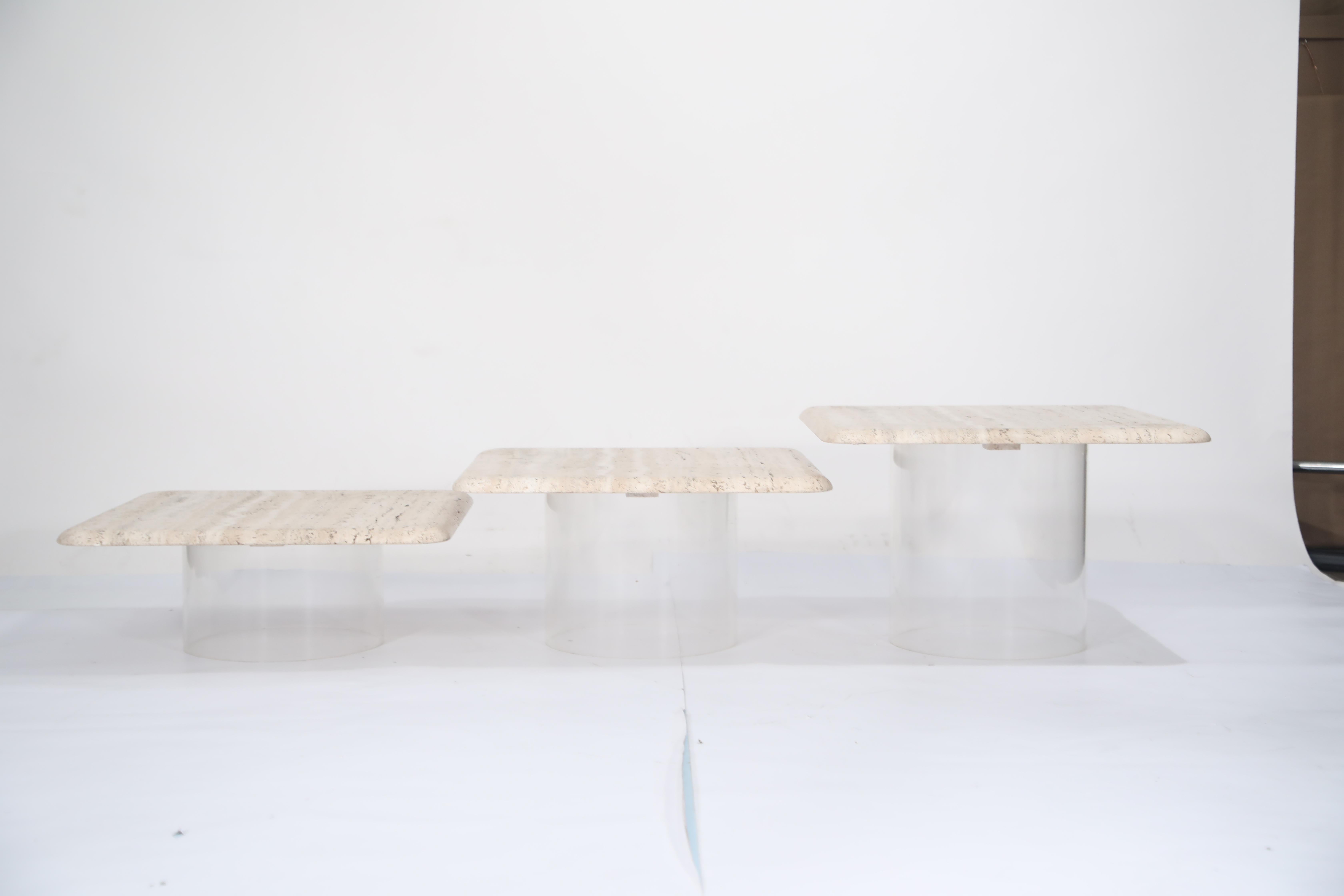 Set of Three Travertine Tables with Cylindrical Lucite Bases, circa 1970s 8
