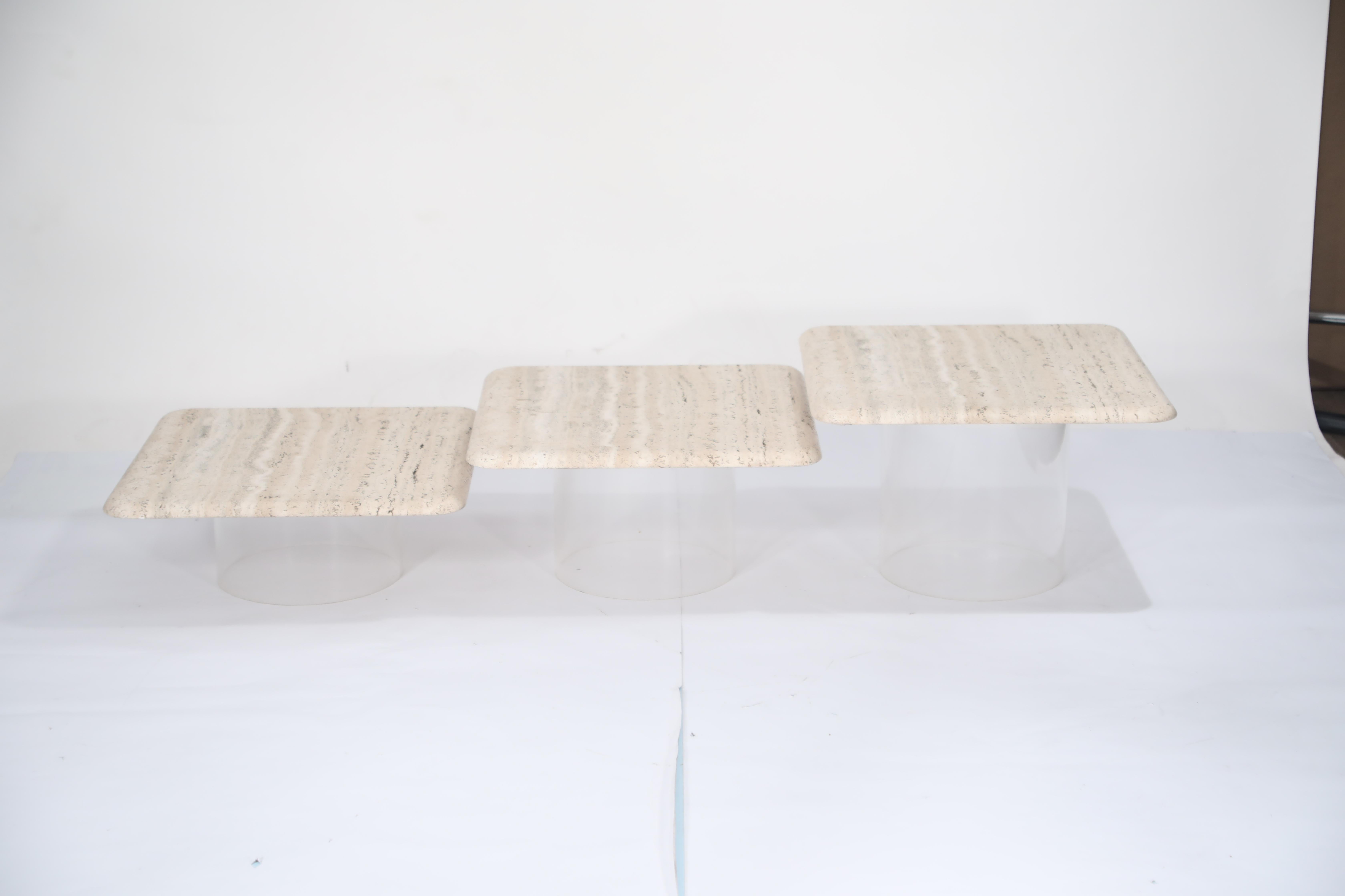 Set of Three Travertine Tables with Cylindrical Lucite Bases, circa 1970s 9