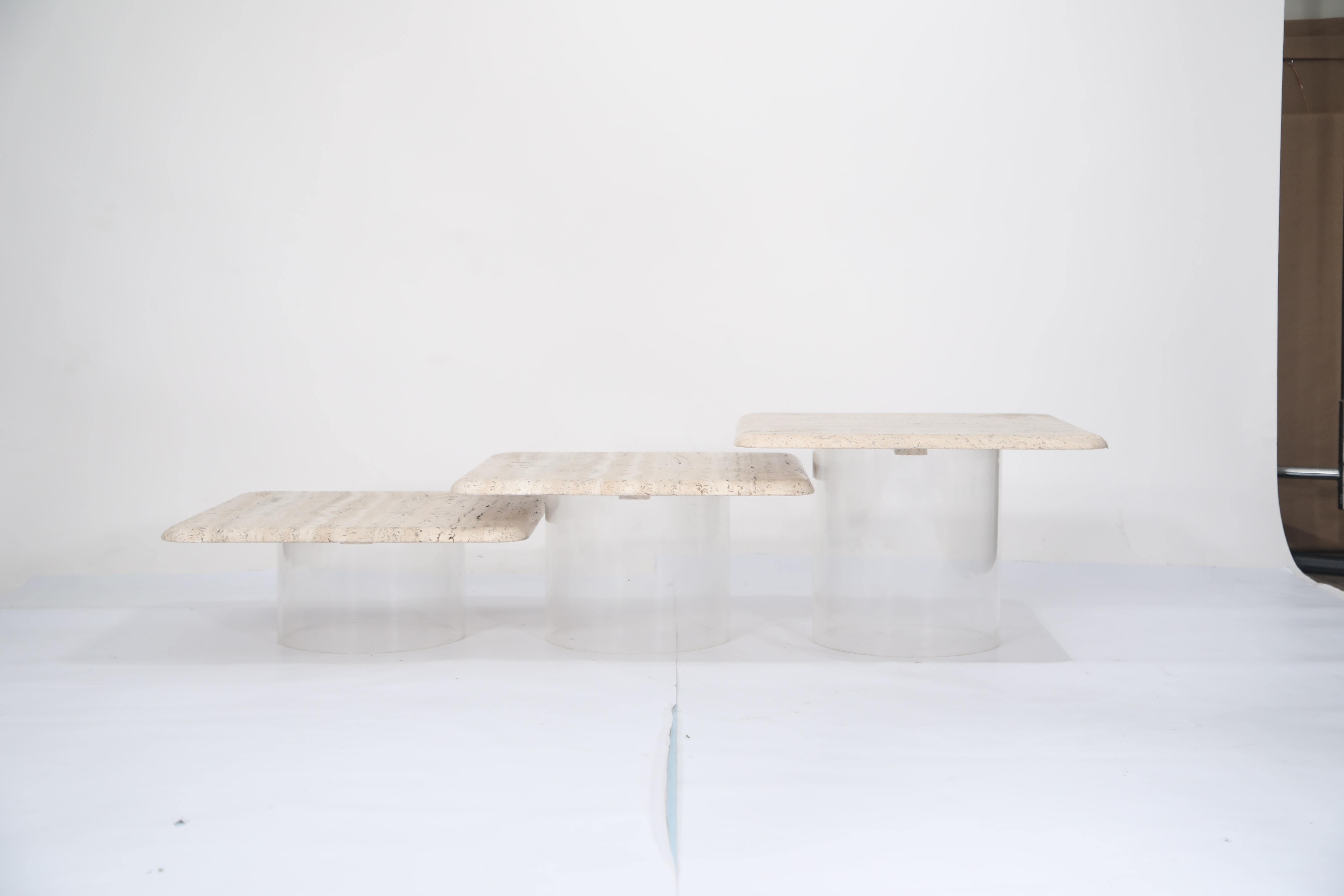 Set of Three Travertine Tables with Cylindrical Lucite Bases, circa 1970s 11