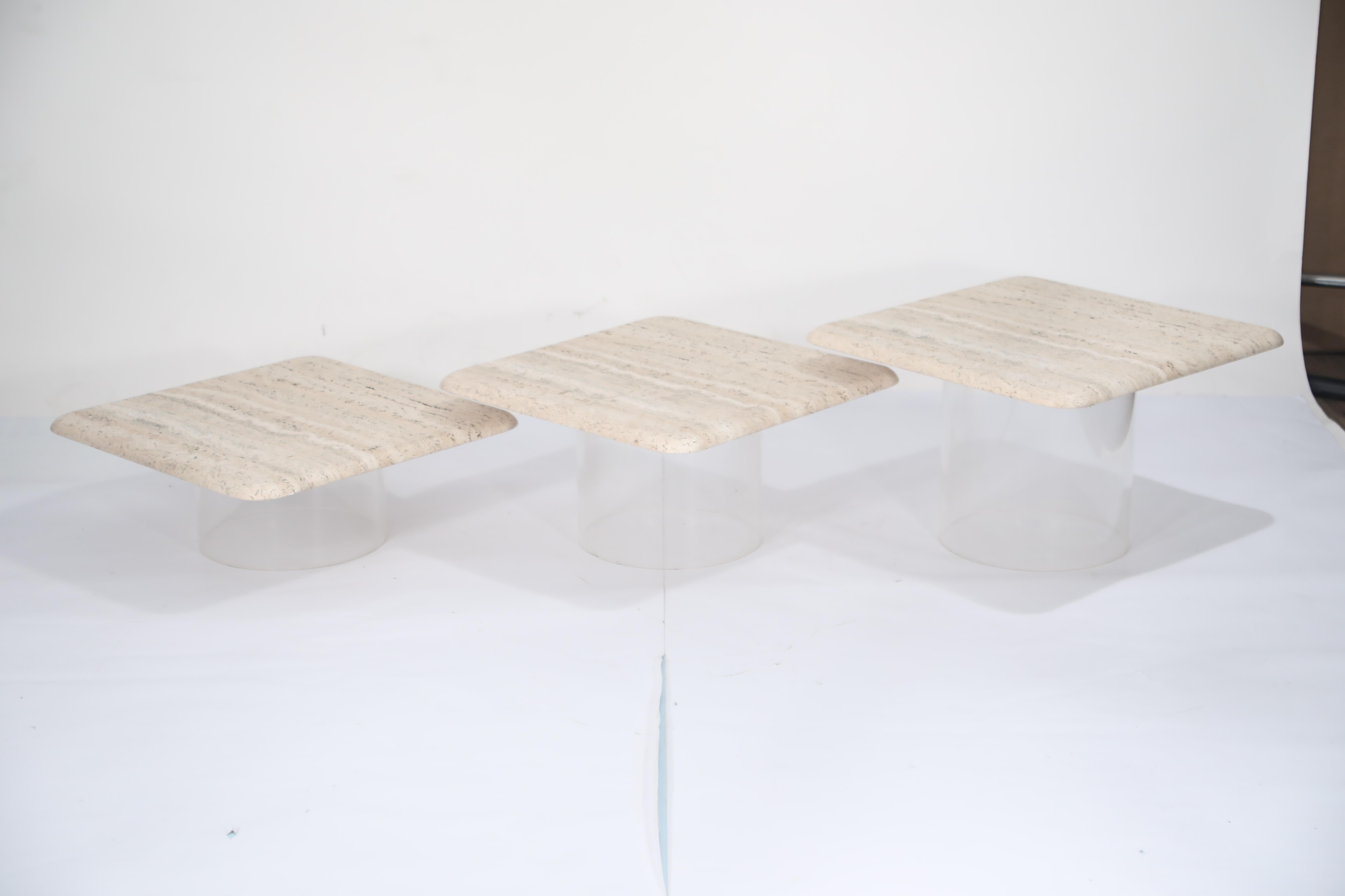 Set of Three Travertine Tables with Cylindrical Lucite Bases, circa 1970s 13