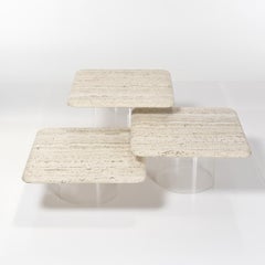 Set of Three Travertine Tables with Cylindrical Lucite Bases, circa 1970s