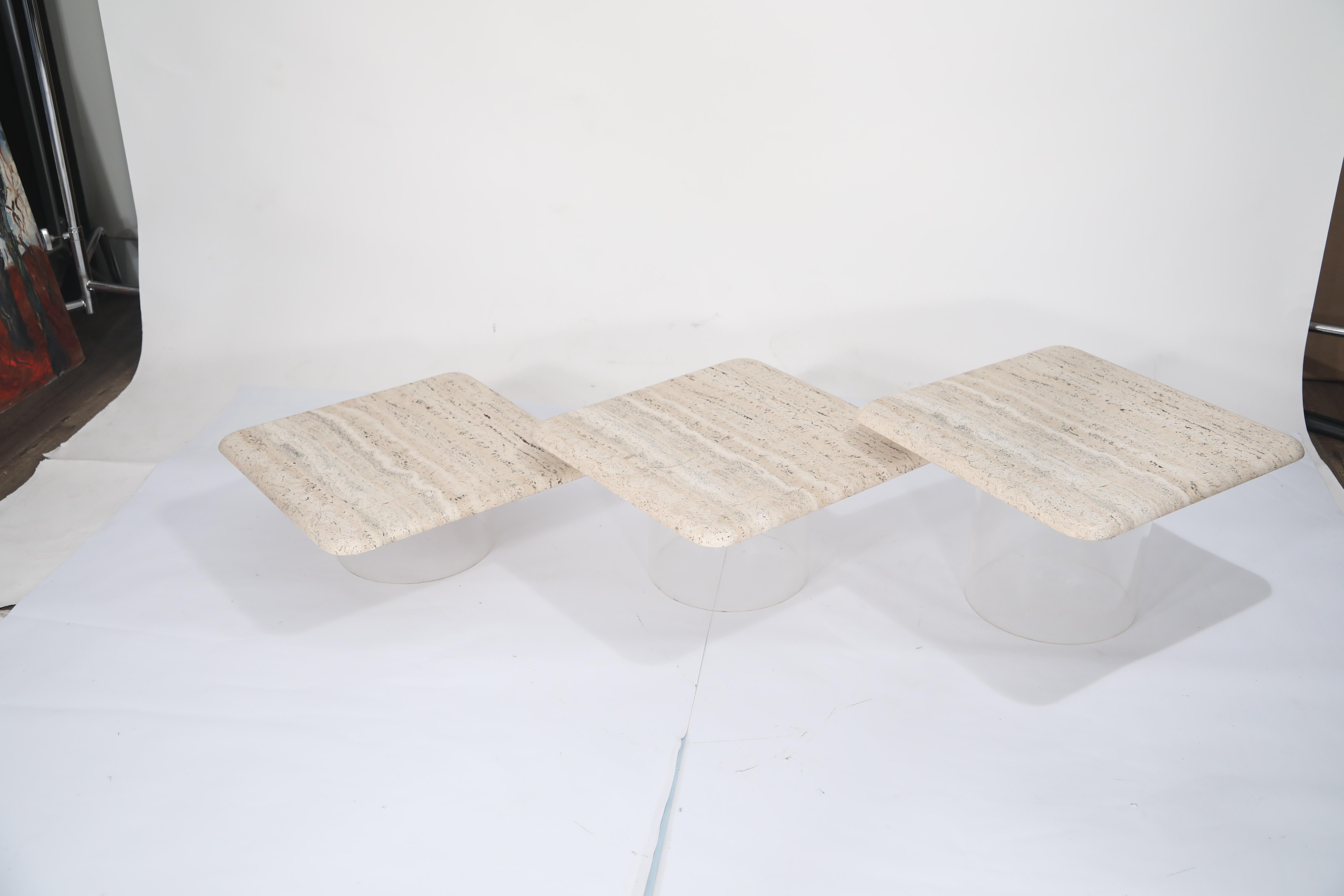 Set of Three Travertine Tables with Cylindrical Lucite Bases, circa 1970s 14
