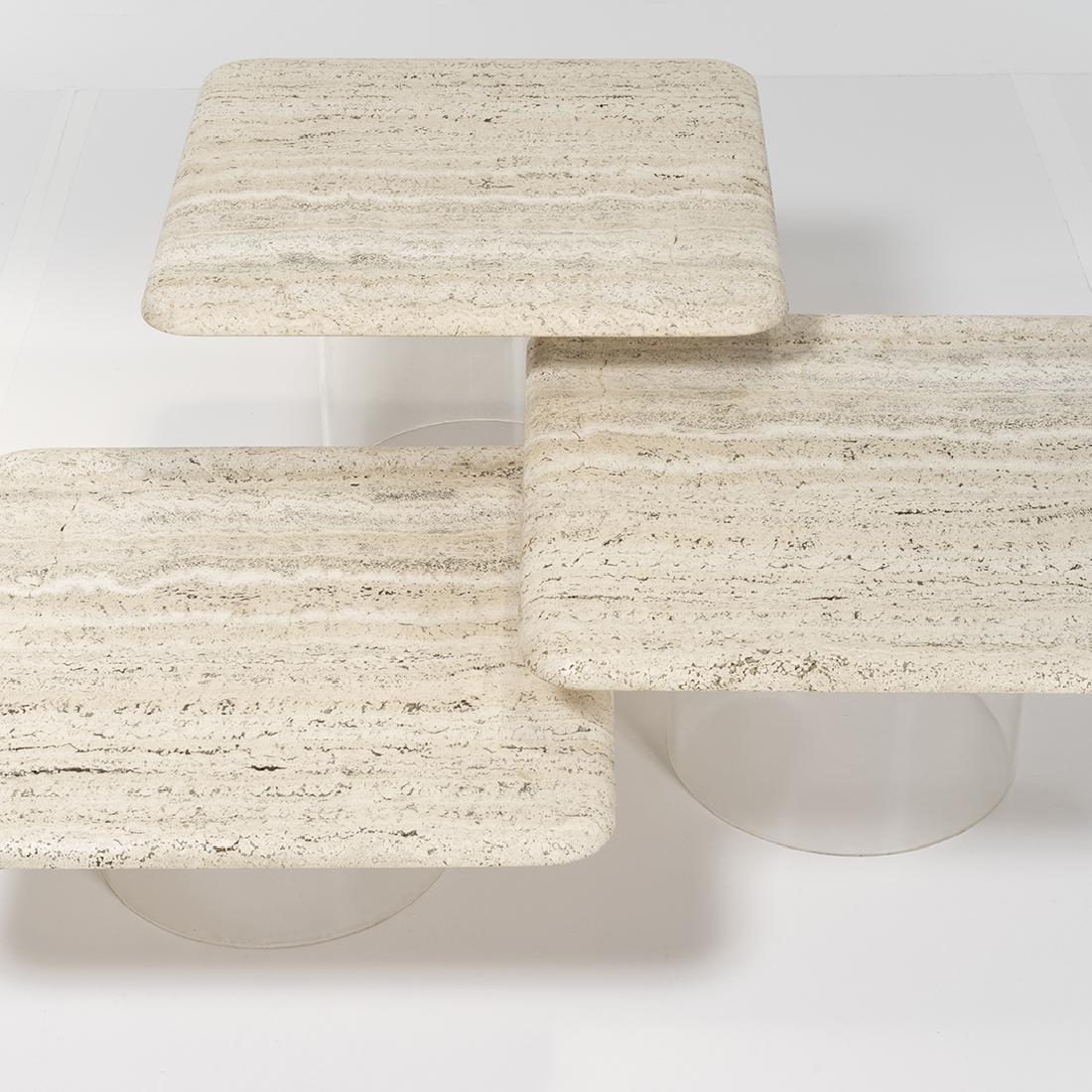 Modern Set of Three Travertine Tables with Cylindrical Lucite Bases, circa 1970s