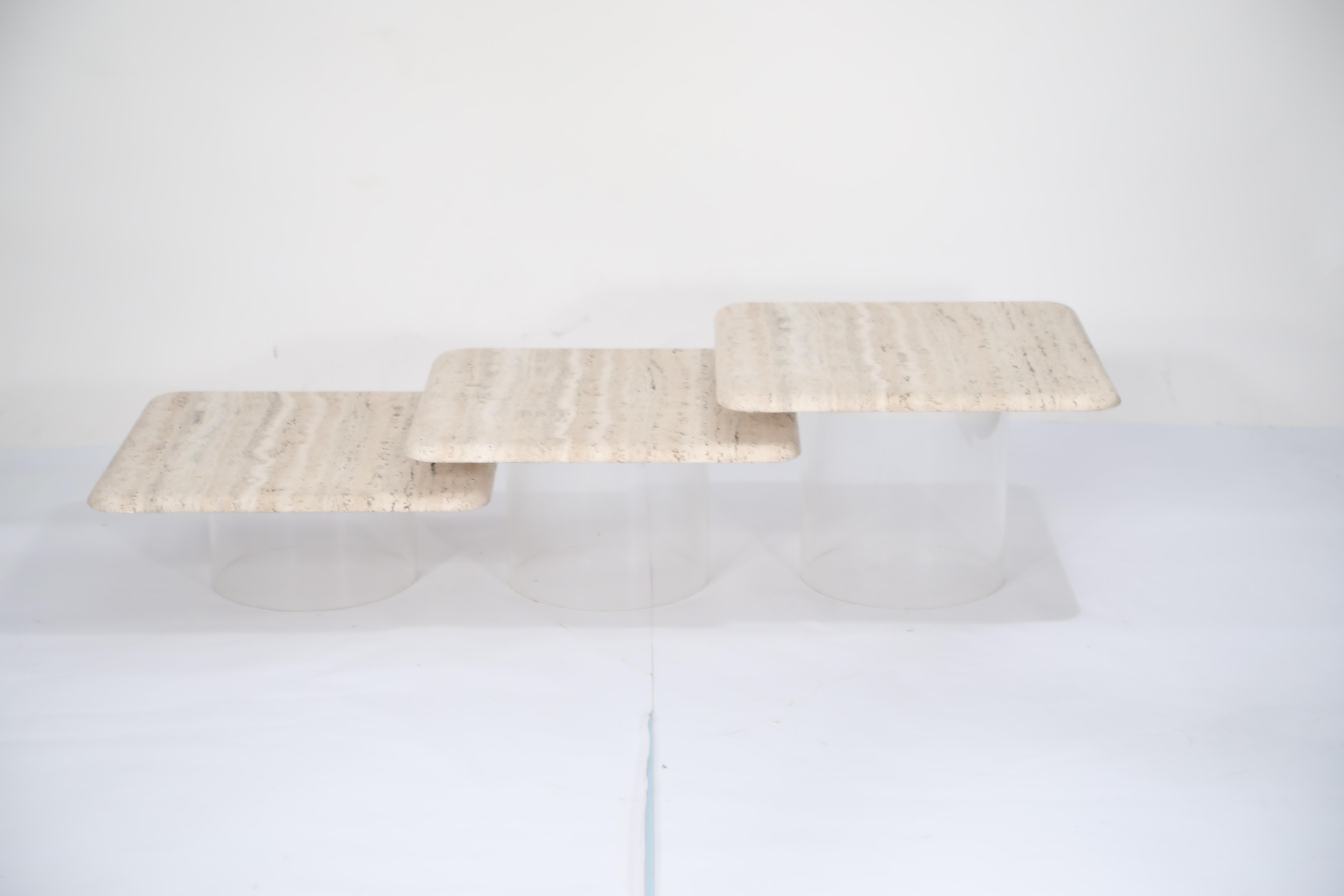 American Set of Three Travertine Tables with Cylindrical Lucite Bases, circa 1970s