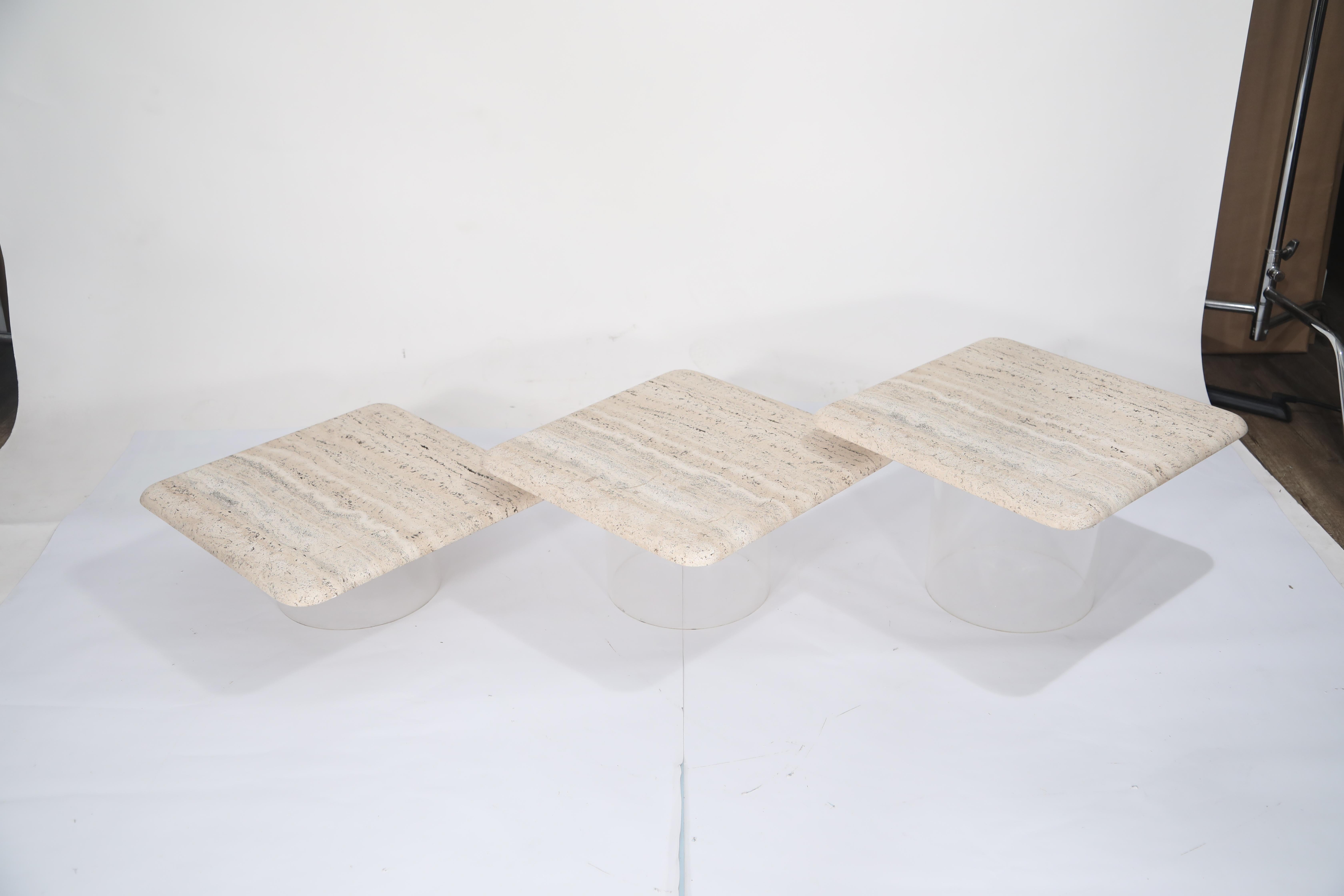 Late 20th Century Set of Three Travertine Tables with Cylindrical Lucite Bases, circa 1970s