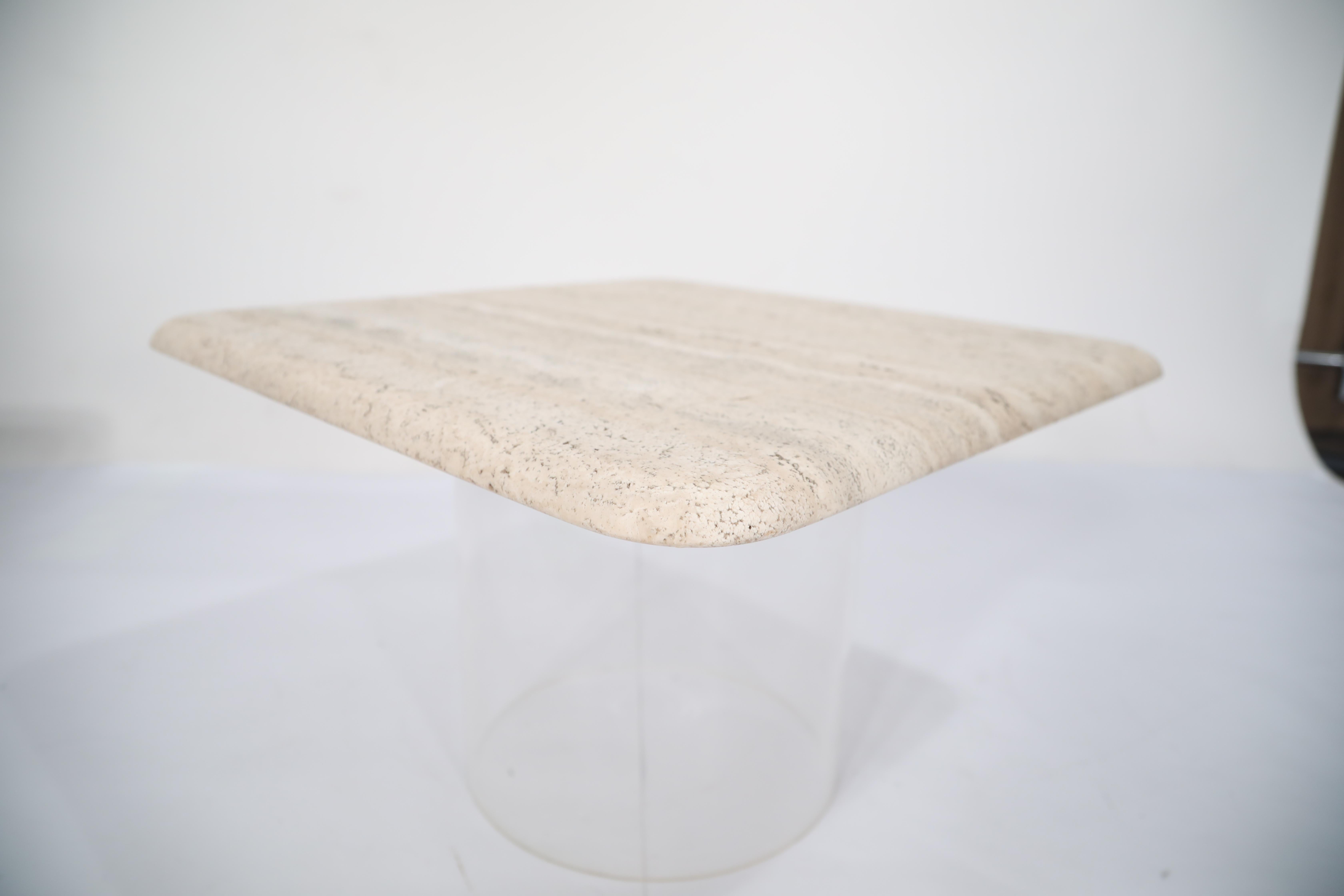 Set of Three Travertine Tables with Cylindrical Lucite Bases, circa 1970s 3