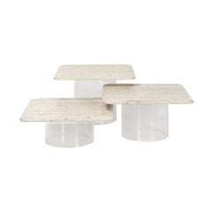 Set of Three Travertine Tables with Cylindrical Lucite Bases, circa 1970s