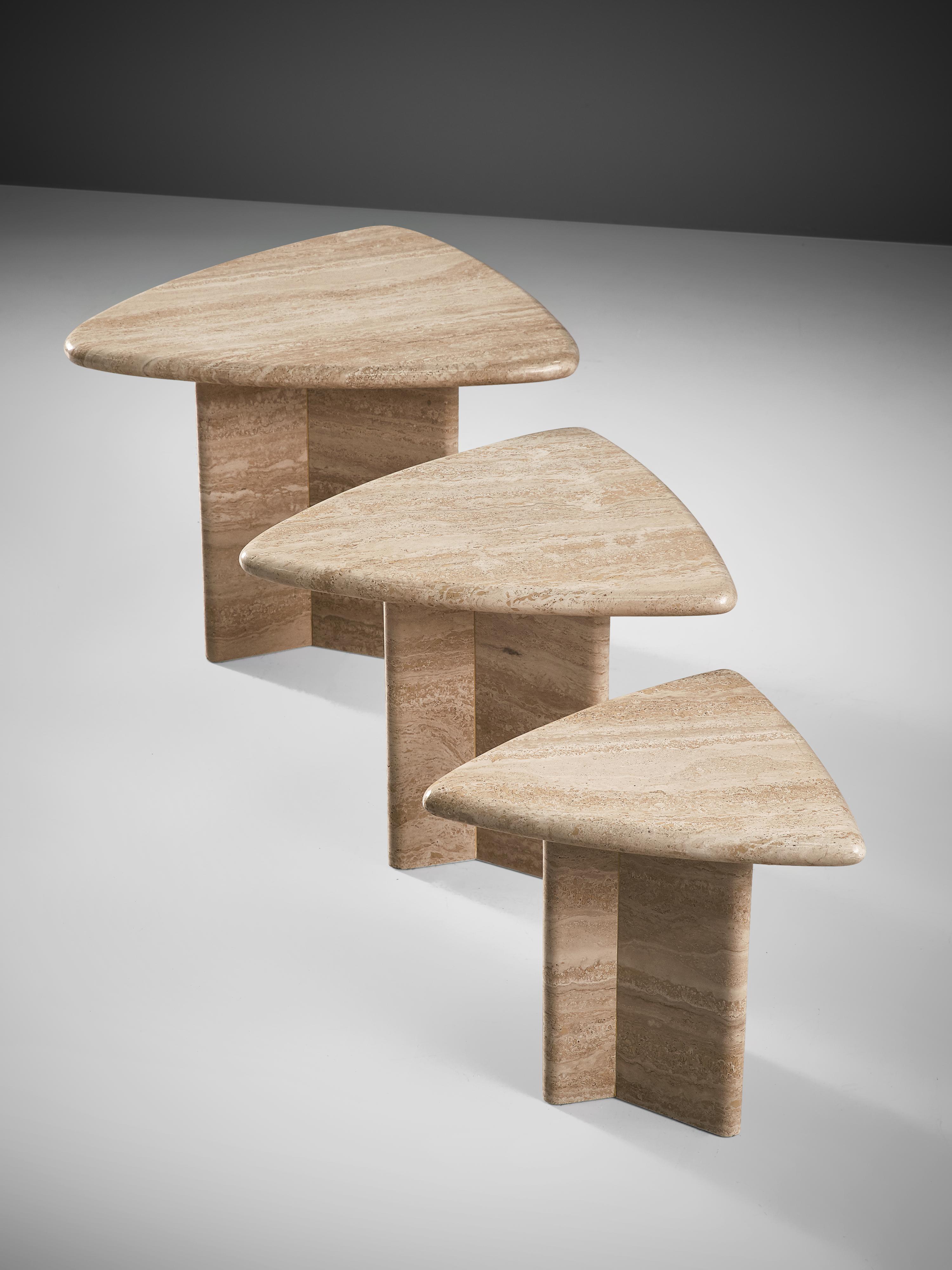 Late 20th Century Set of Three Triangular Cocktail Tables in Travertine