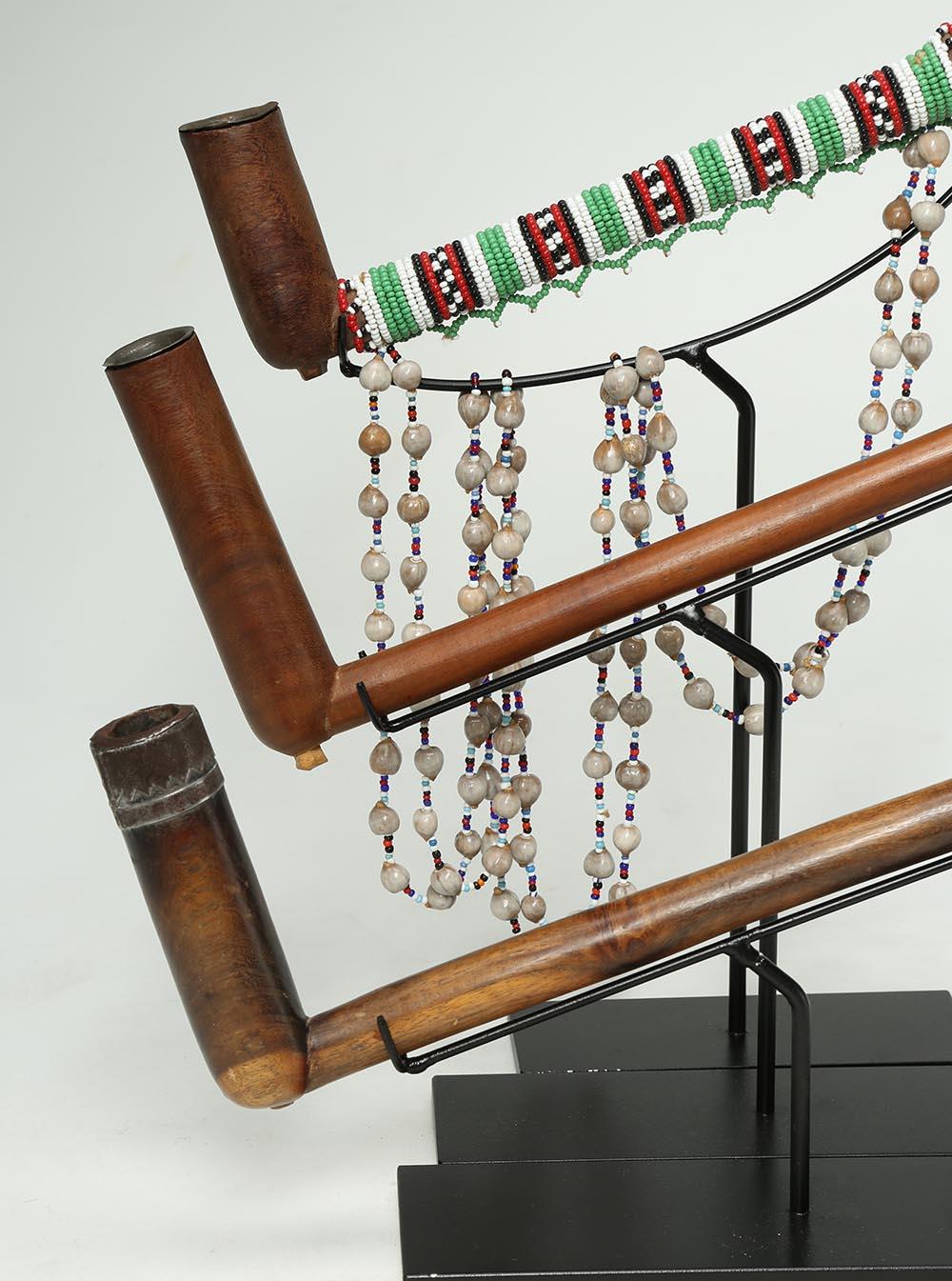 South African Set of Three Tribal Zulu Wood Pipes on Stands, South Africa