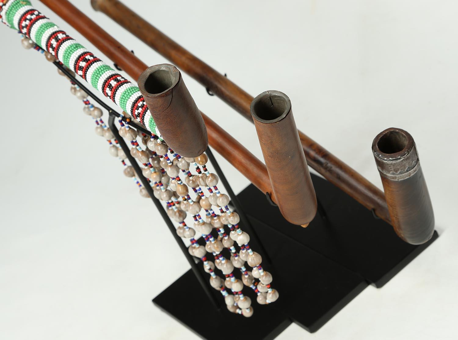 Set of Three Tribal Zulu Wood Pipes on Stands, South Africa In Good Condition In Point Richmond, CA