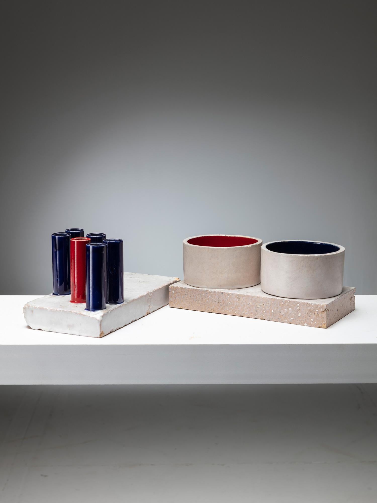 Three different Tubi/Tubi pieces by Ambrogio Pozzi for Ceramica Franco Pozzi.
Glazed ceramic blocks to be used autonomously or all together.