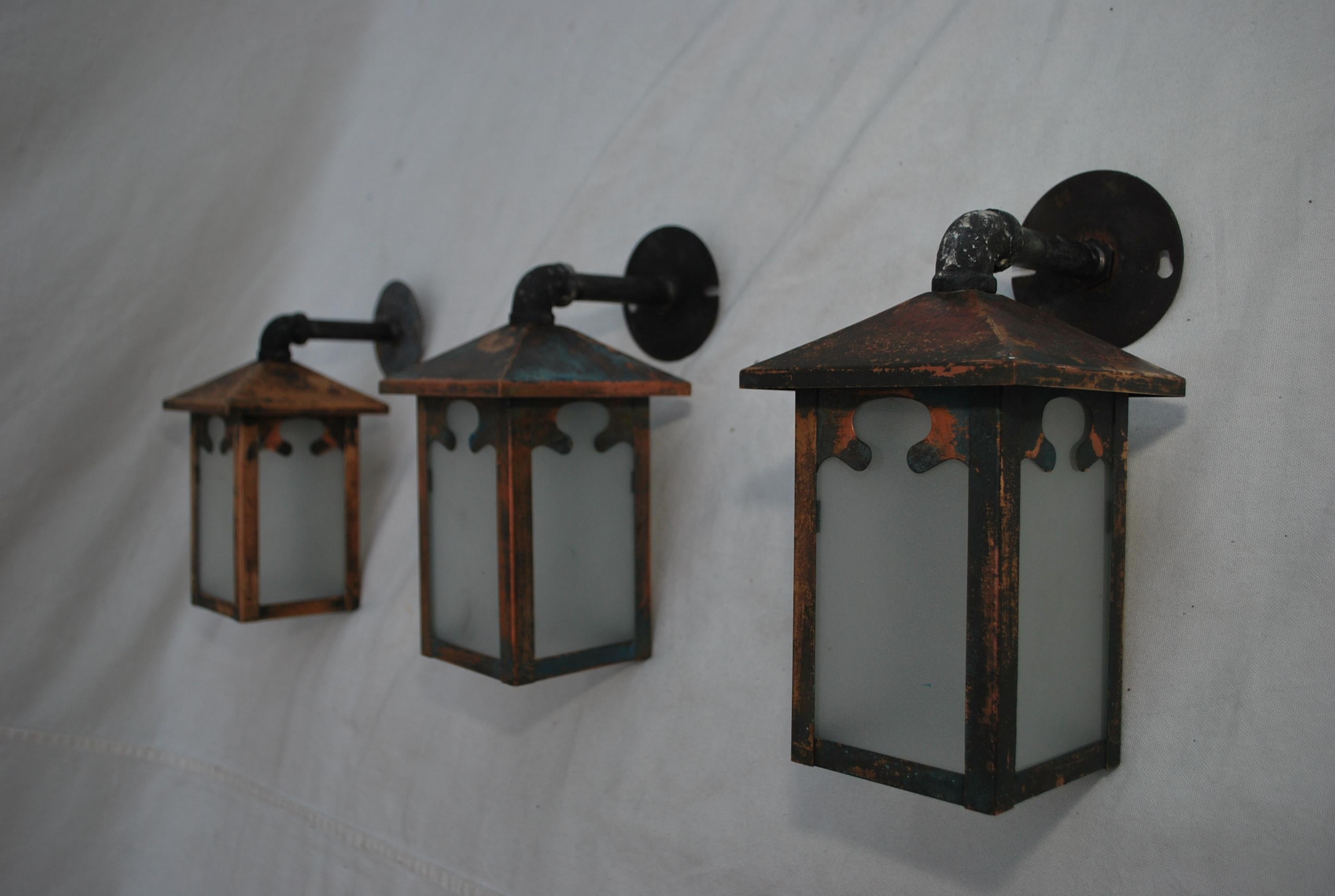 Set of three turn of the century copper outdoor sconces 2