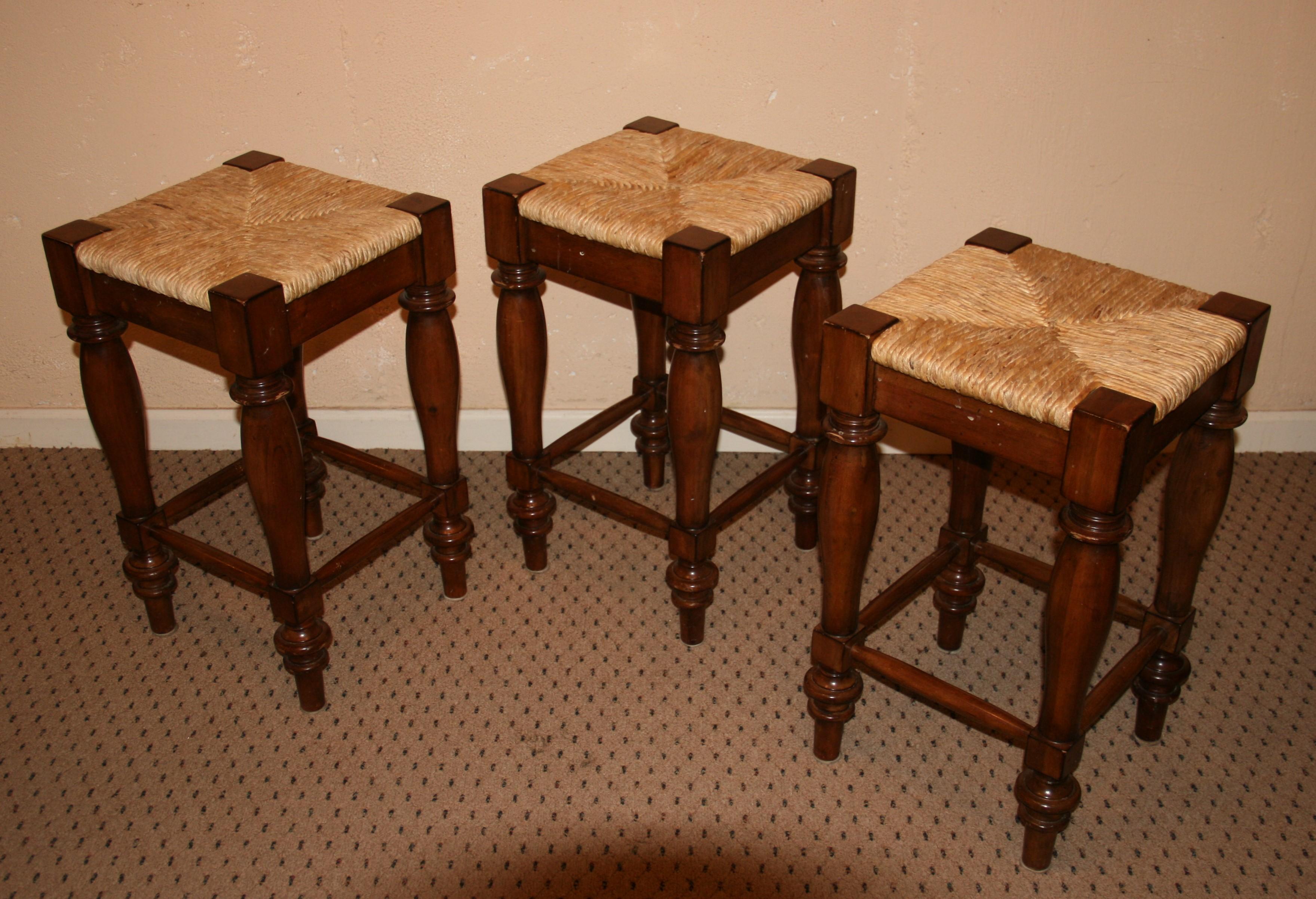 Set of 3 sold beech wood turned leg with rush seats bar stools.