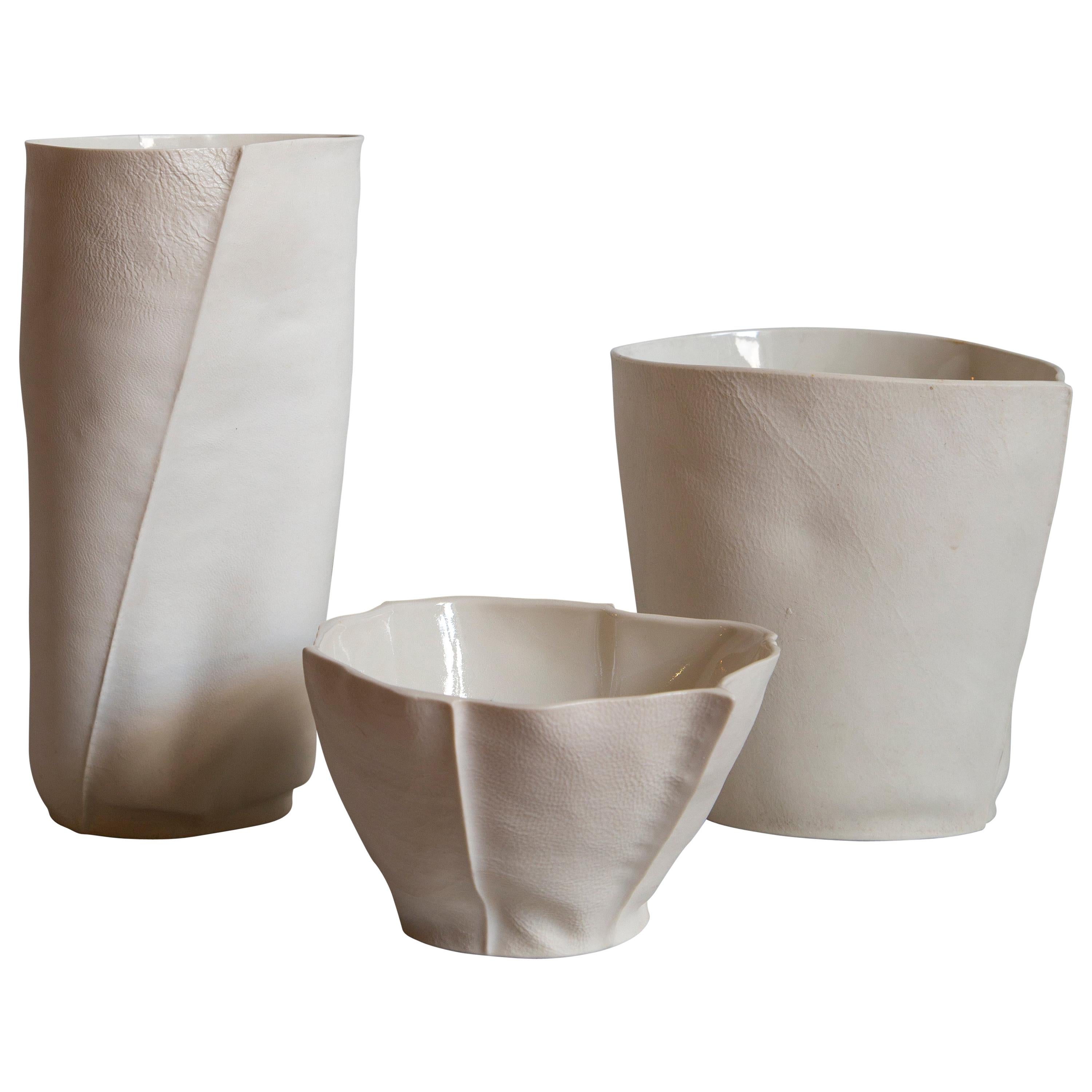 Set of Three Unique Kawa Pieces, Bowl and Vessels, Porcelain, Ceramic, in Stock