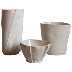 Set of Three Unique Kawa Pieces, Bowl and Vessels, Porcelain, Ceramic, in Stock