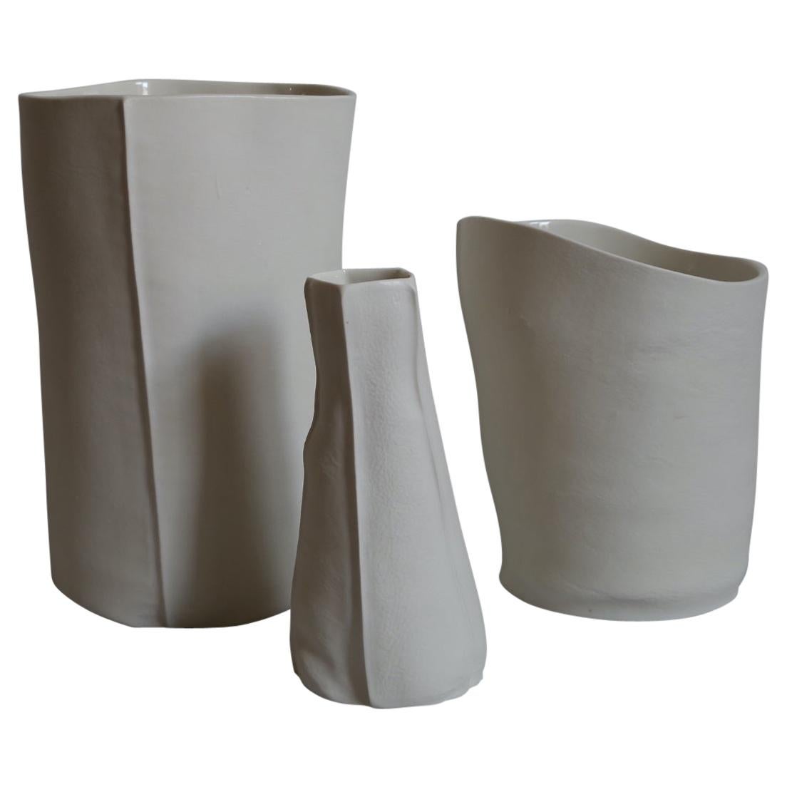 Set of Three Unique Kawa Vases and Vessels, Porcelain, Ceramic, in Stock
