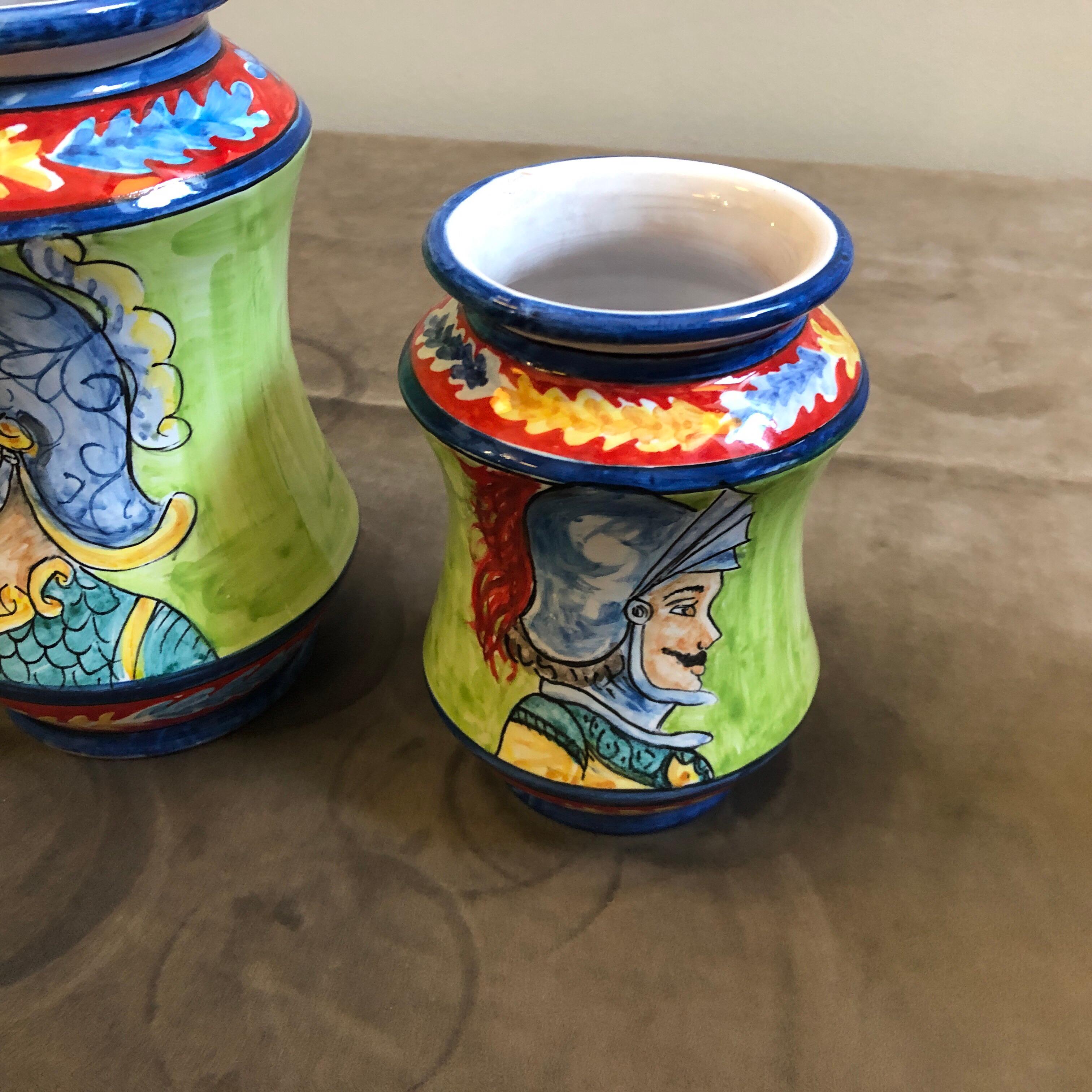 Set of Three Unique Pieces Hand Painted Sicilian Terracotta Albarello Vases 4