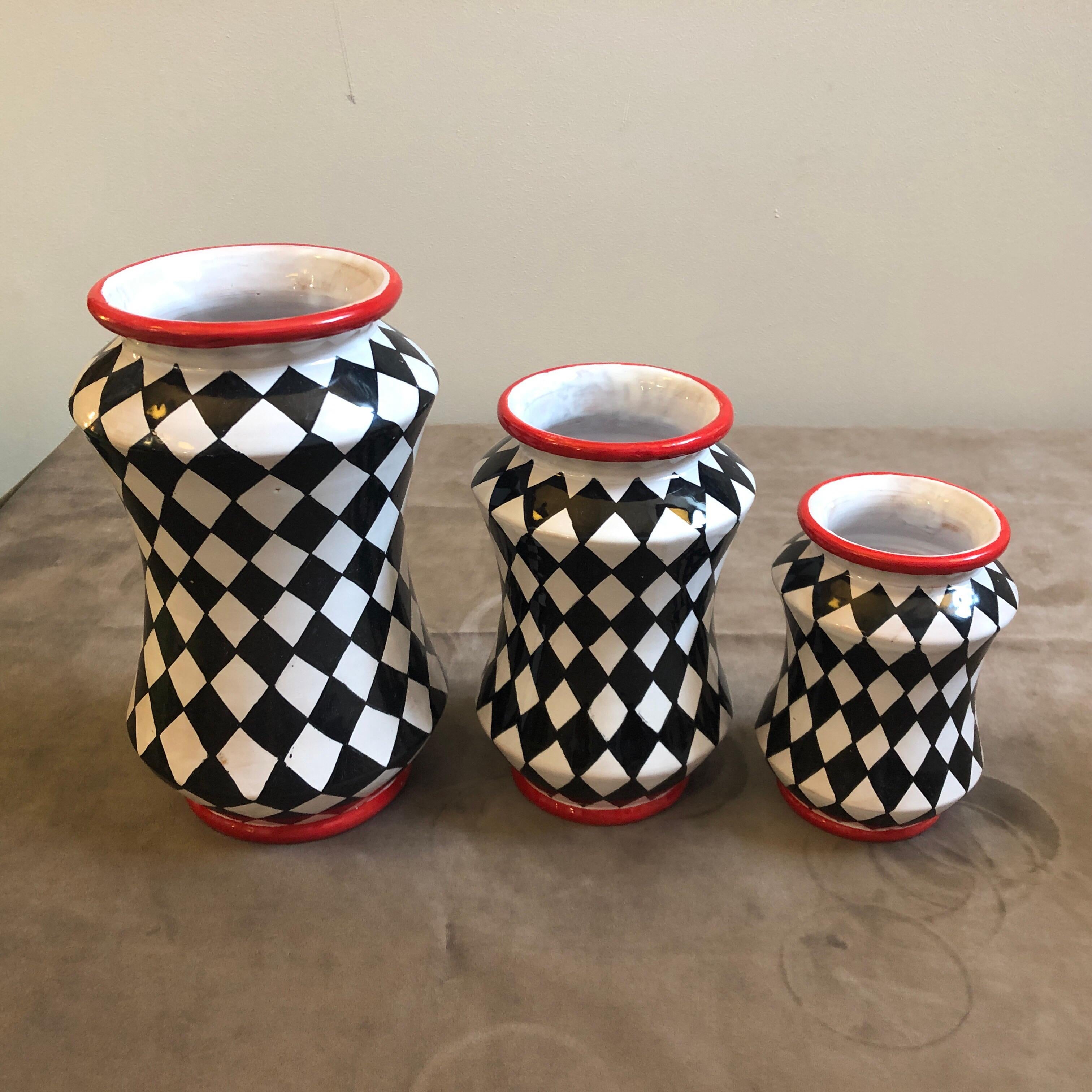 Set of Three Unique Pieces Hand Painted Sicilian Terracotta Albarello Vases 4