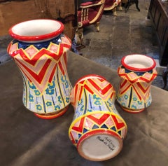 Set of Three Unique Pieces Hand Painted Sicilian Terracotta Albarello Vases