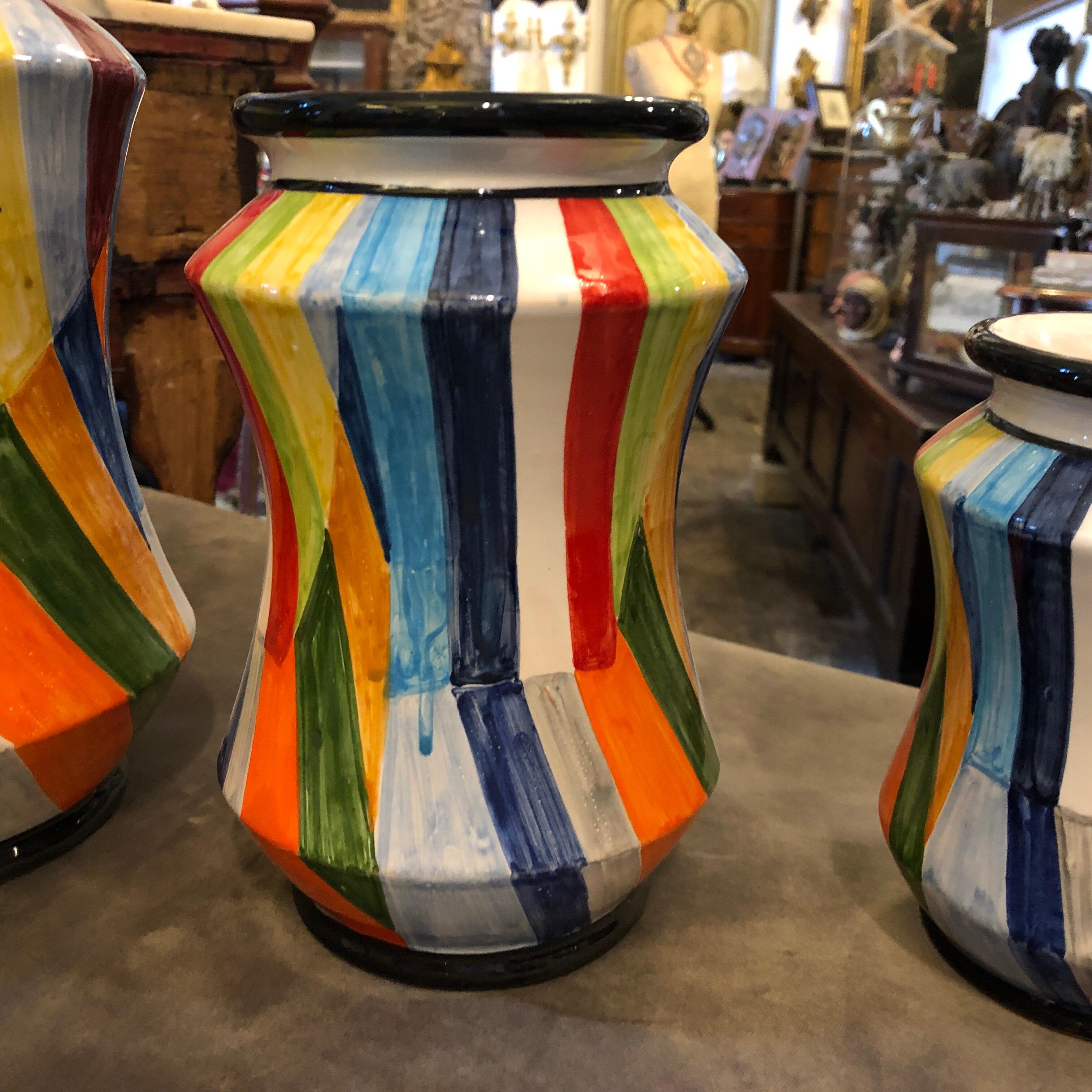 Mid-Century Modern Set of Three Unique Pieces Hand Painted Sicilian Terracotta Albarello Vases