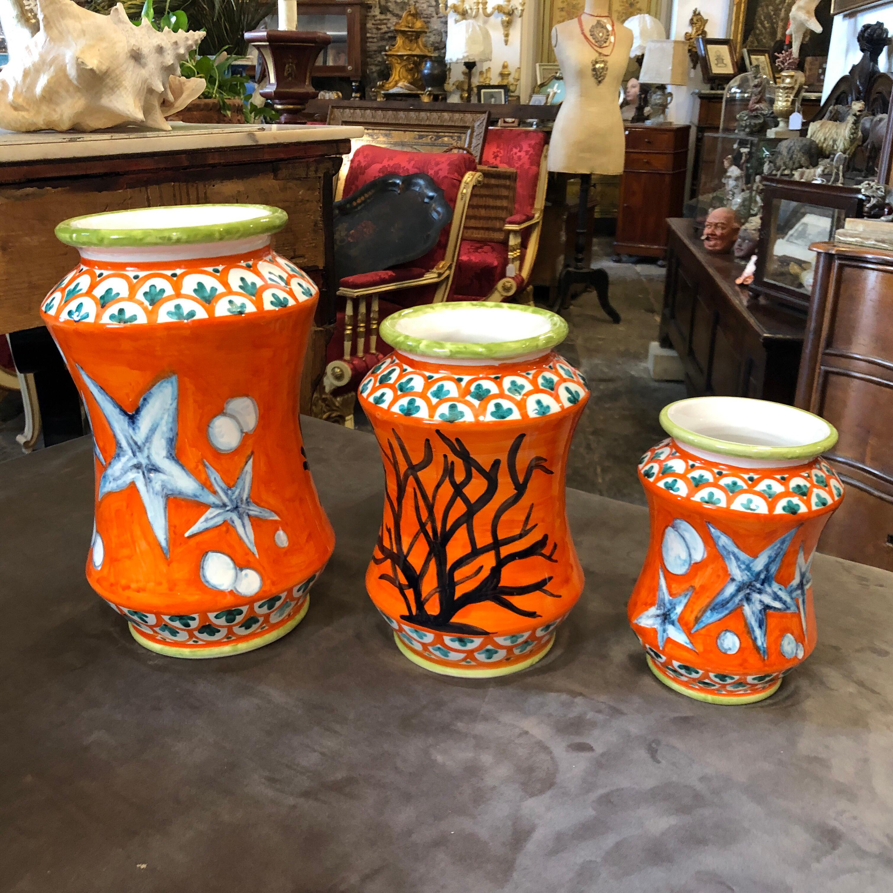 Neoclassical Set of Three Unique Pieces Hand Painted Sicilian Terracotta Albarello Vases