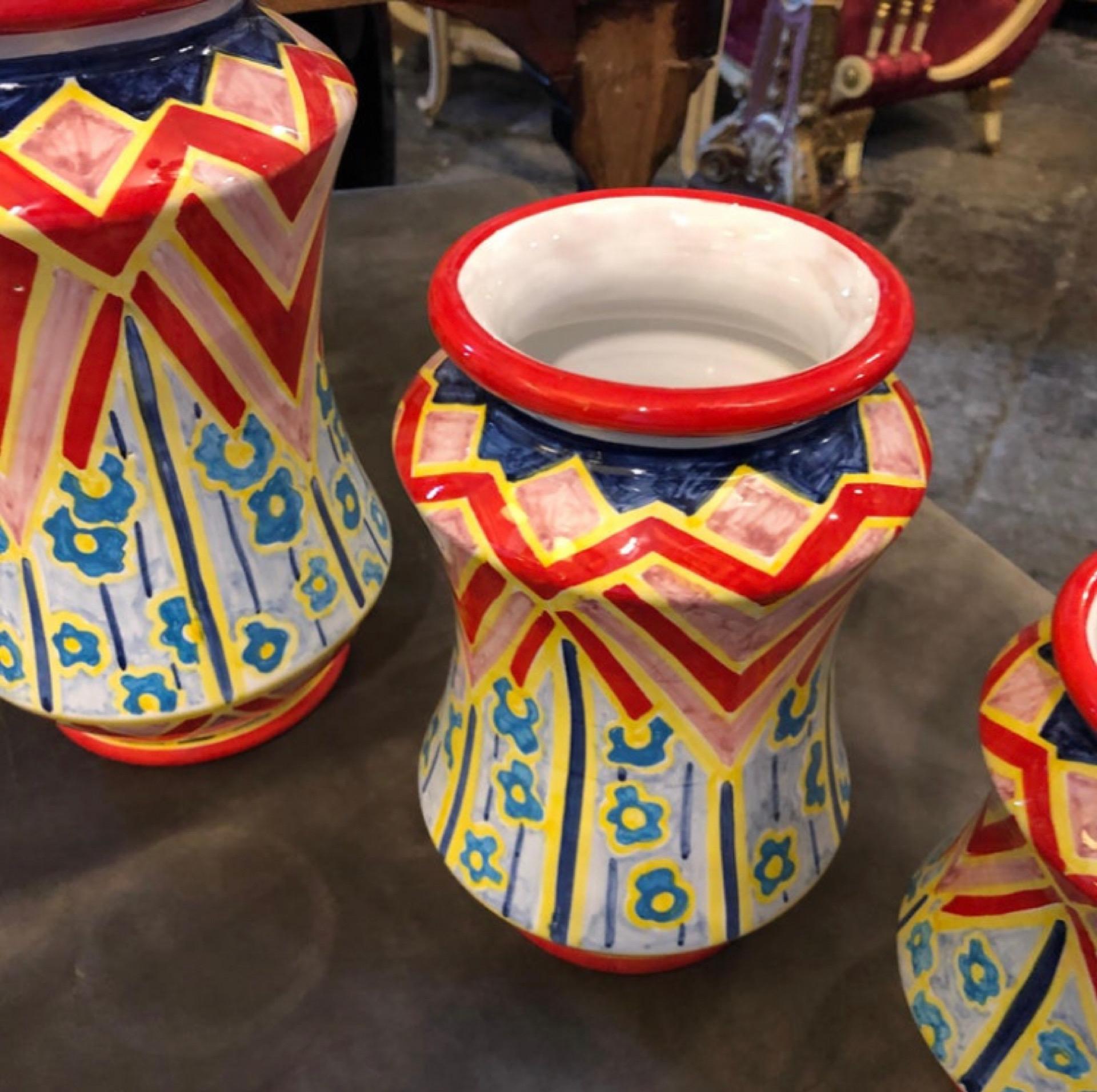 Art Deco Set of Three Unique Pieces Hand Painted Sicilian Terracotta Albarello Vases For Sale