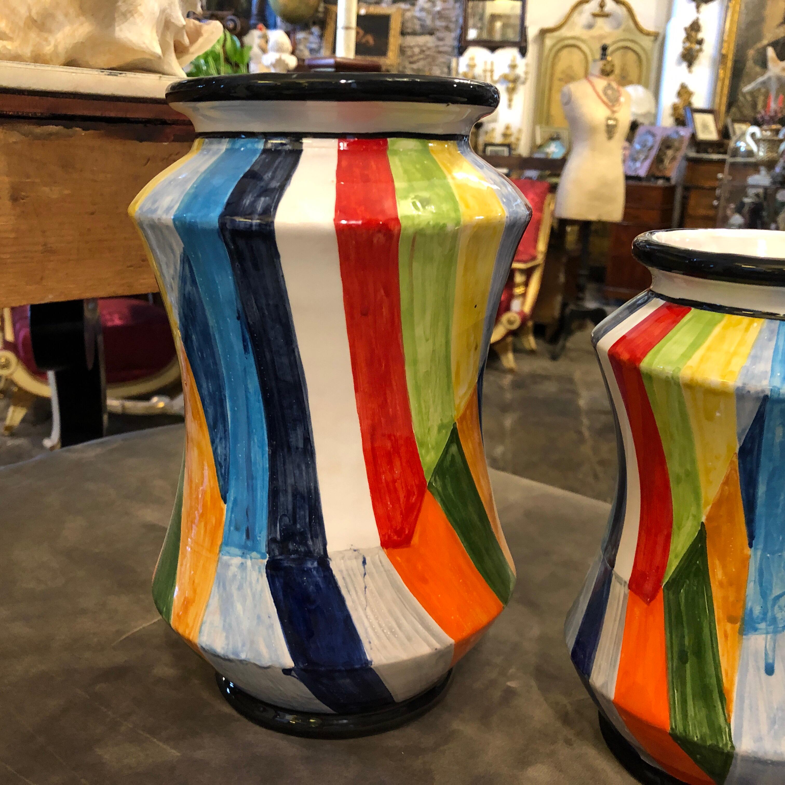 Hand-Crafted Set of Three Unique Pieces Hand Painted Sicilian Terracotta Albarello Vases