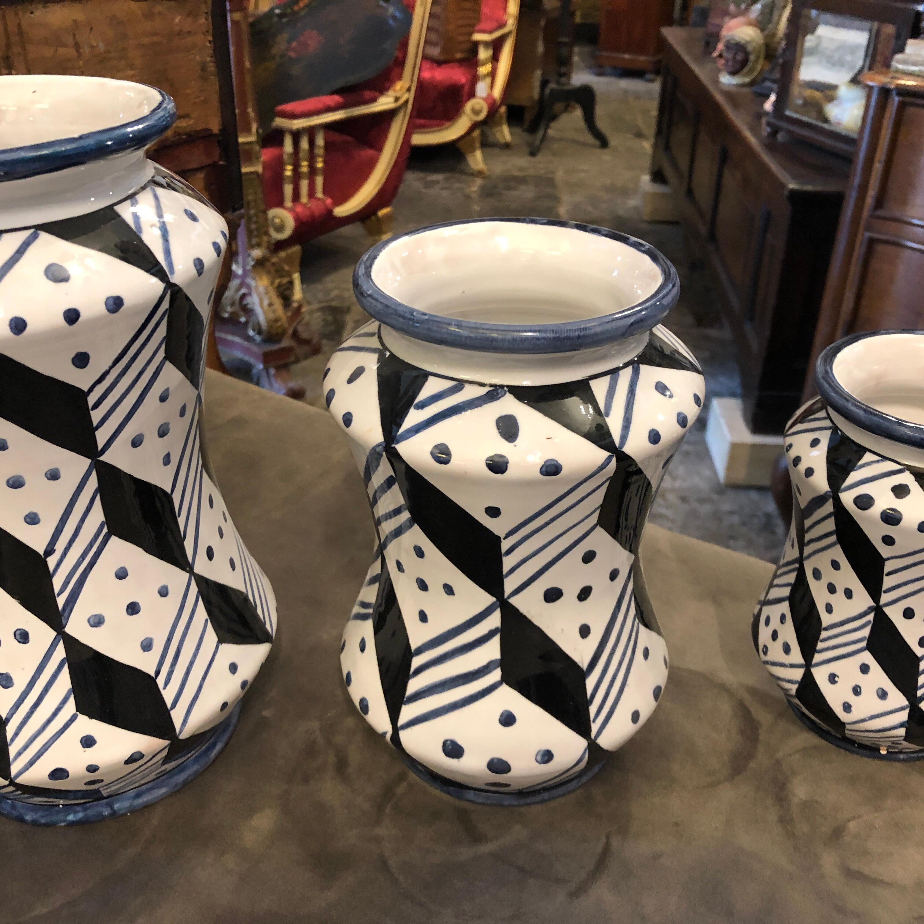 Hand-Painted Set of Three Unique Pieces Hand Painted Sicilian Terracotta Albarello Vases For Sale