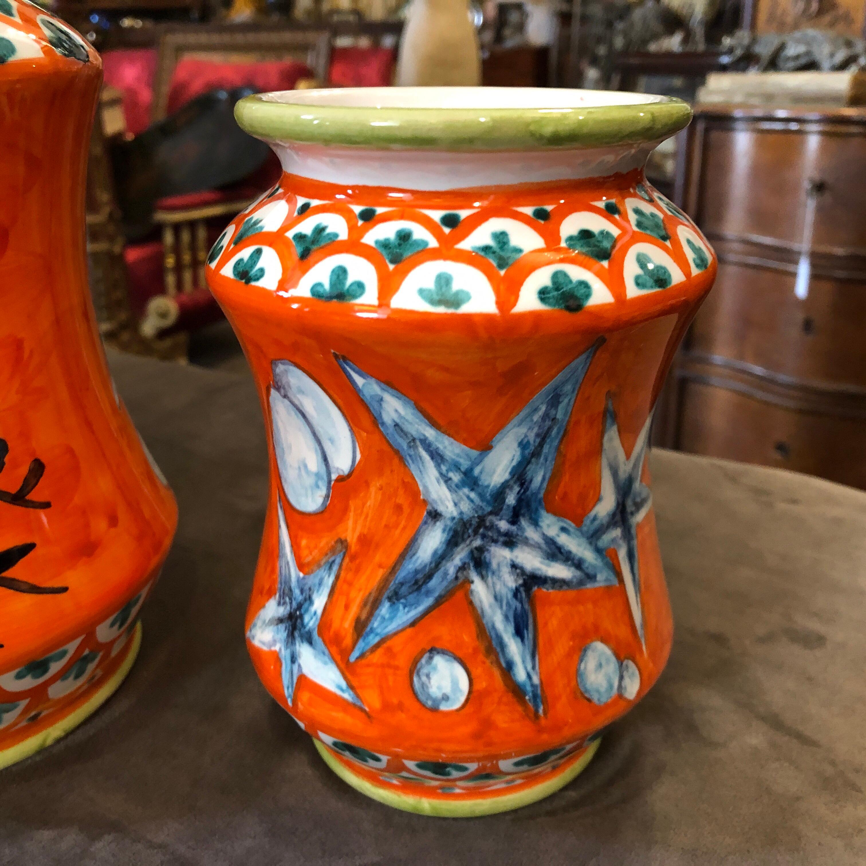 Hand-Painted Set of Three Unique Pieces Hand Painted Sicilian Terracotta Albarello Vases