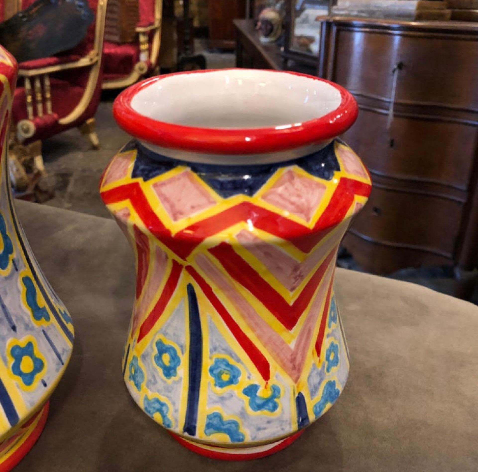 Hand-Crafted Set of Three Unique Pieces Hand Painted Sicilian Terracotta Albarello Vases For Sale