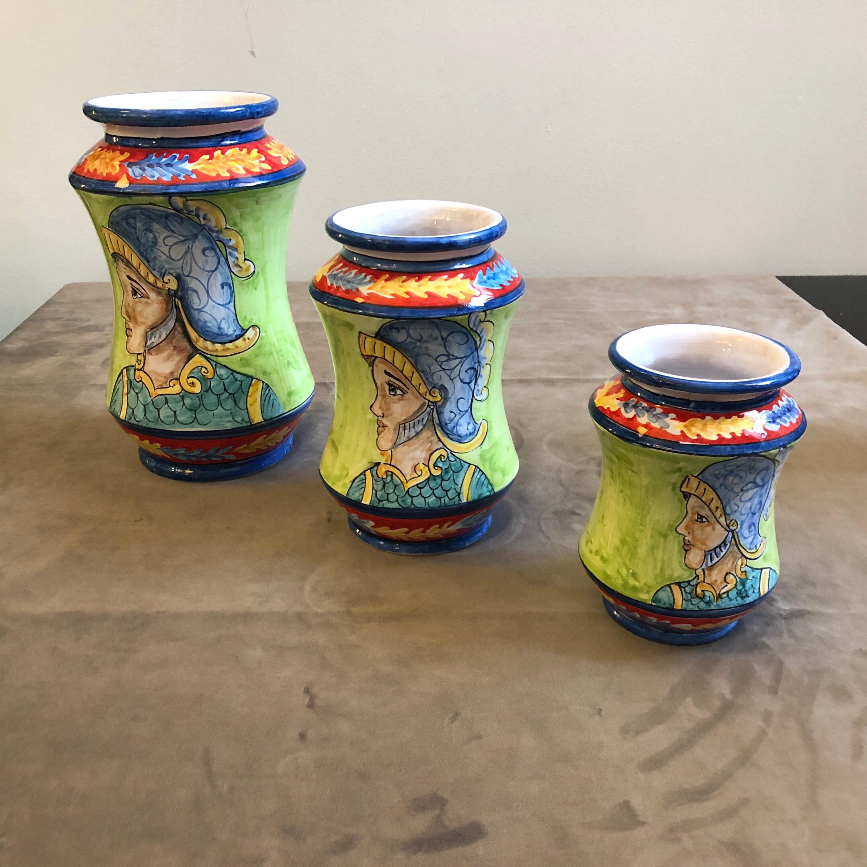 Set of Three Unique Pieces Hand Painted Sicilian Terracotta Albarello Vases In Excellent Condition In Aci Castello, IT