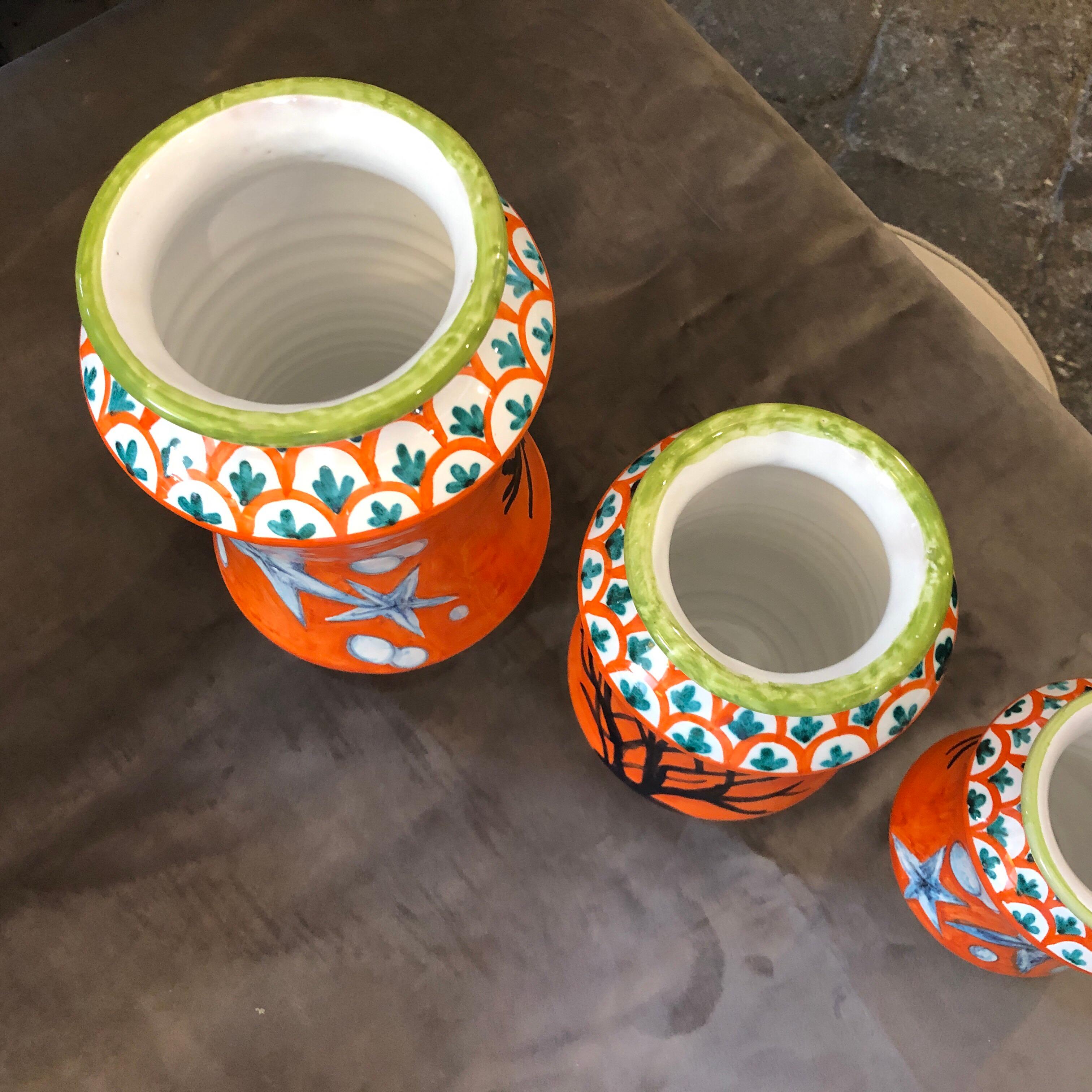 Set of Three Unique Pieces Hand Painted Sicilian Terracotta Albarello Vases In Good Condition In Aci Castello, IT