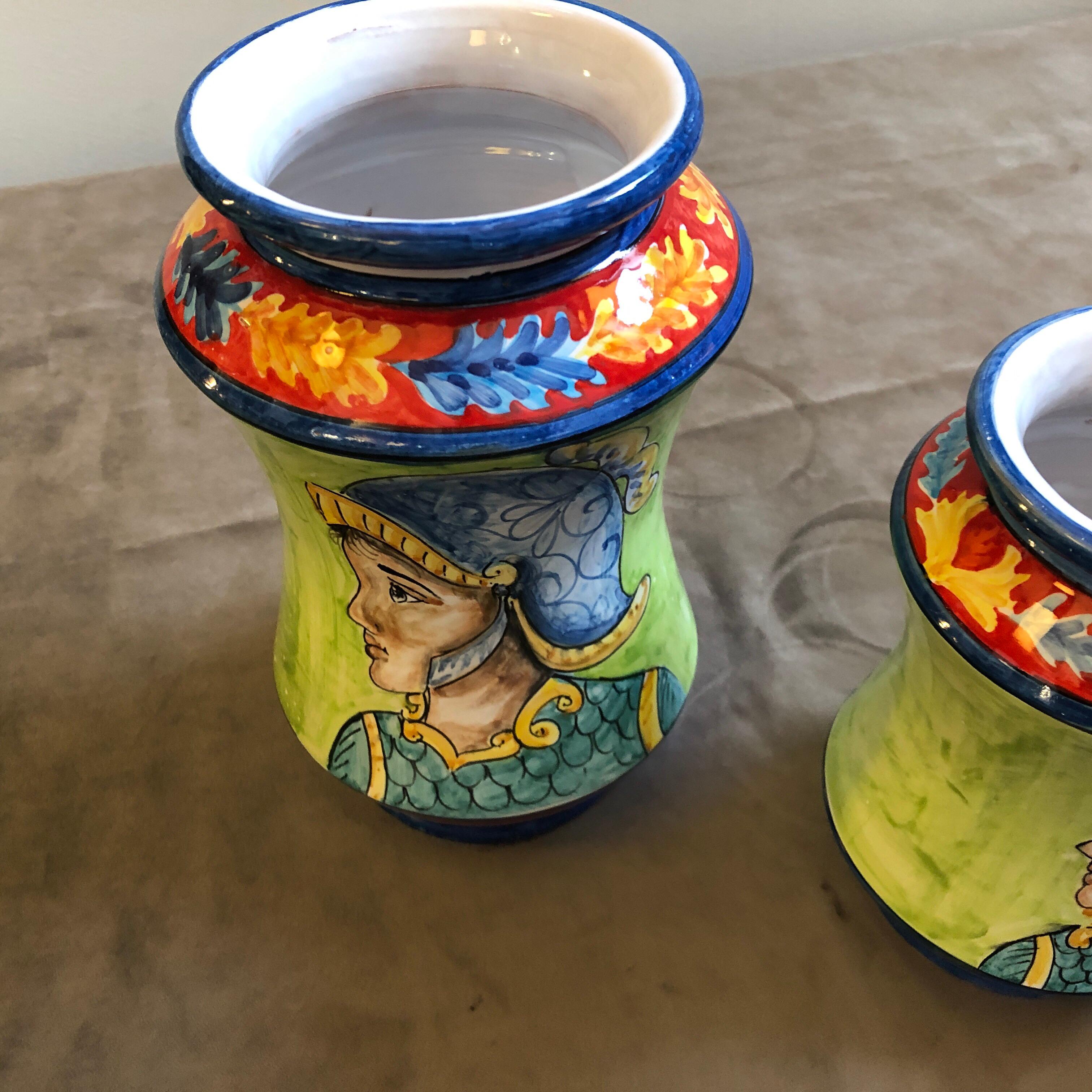 Contemporary Set of Three Unique Pieces Hand Painted Sicilian Terracotta Albarello Vases