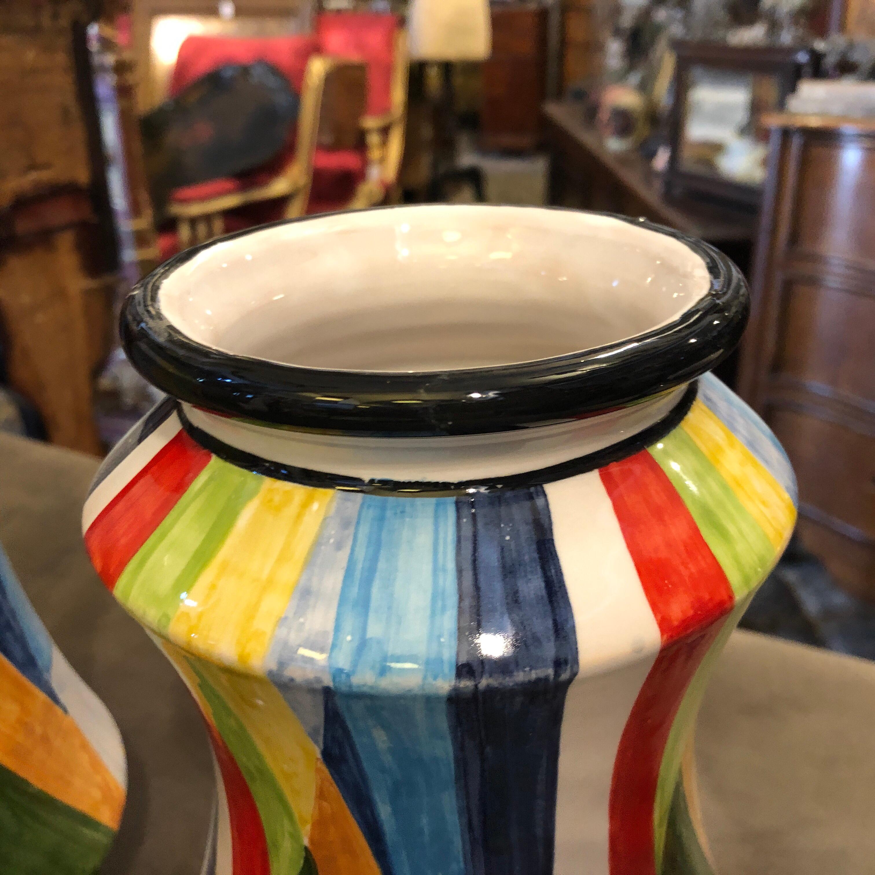 Contemporary Set of Three Unique Pieces Hand Painted Sicilian Terracotta Albarello Vases