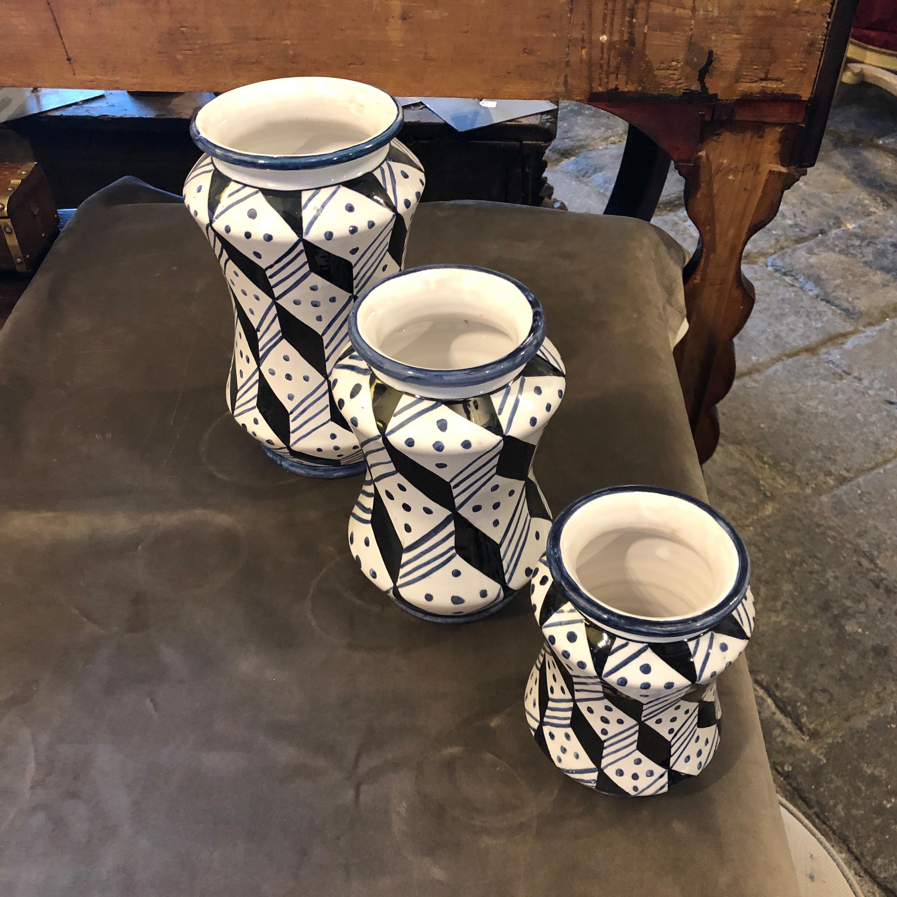 Contemporary Set of Three Unique Pieces Hand Painted Sicilian Terracotta Albarello Vases For Sale