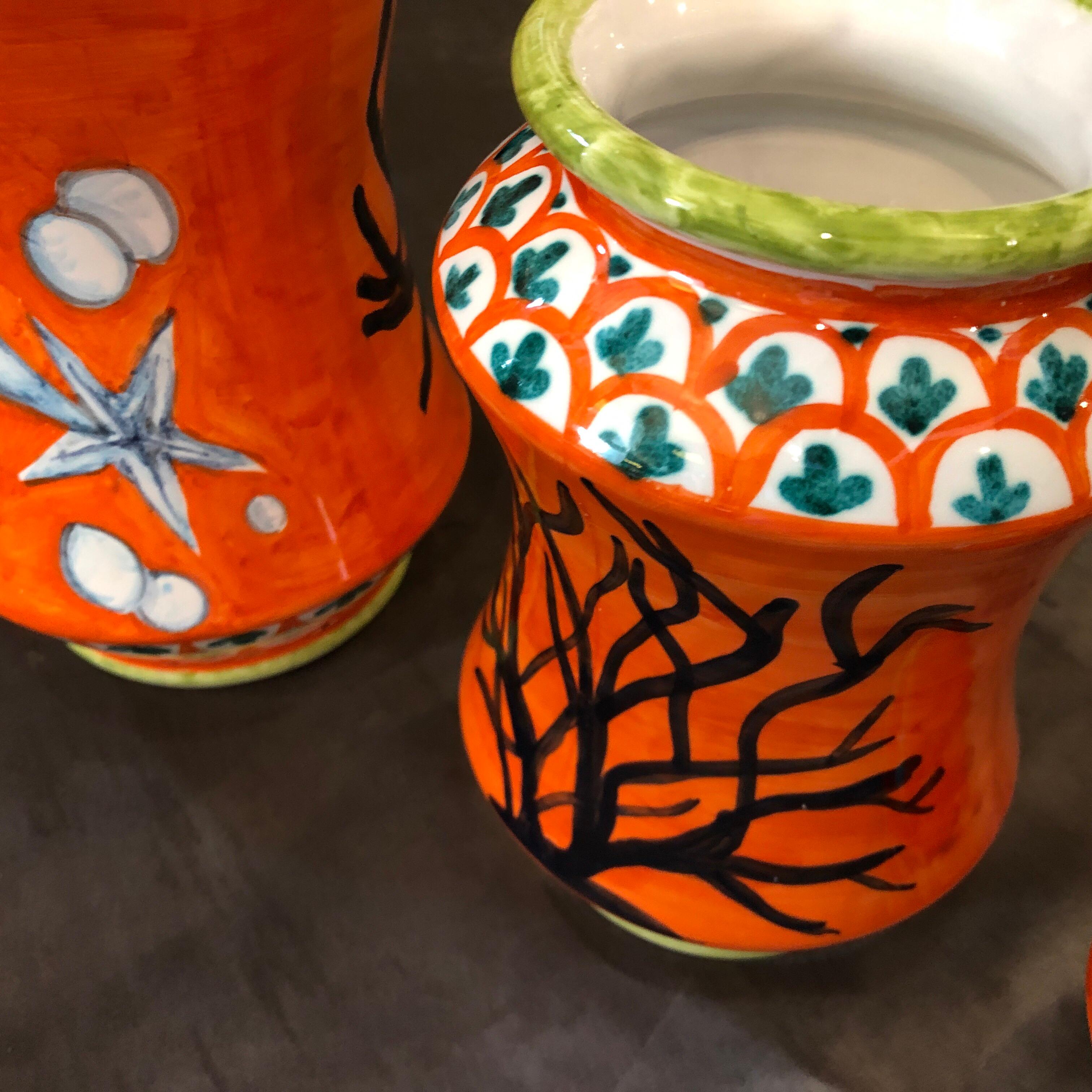 Contemporary Set of Three Unique Pieces Hand Painted Sicilian Terracotta Albarello Vases