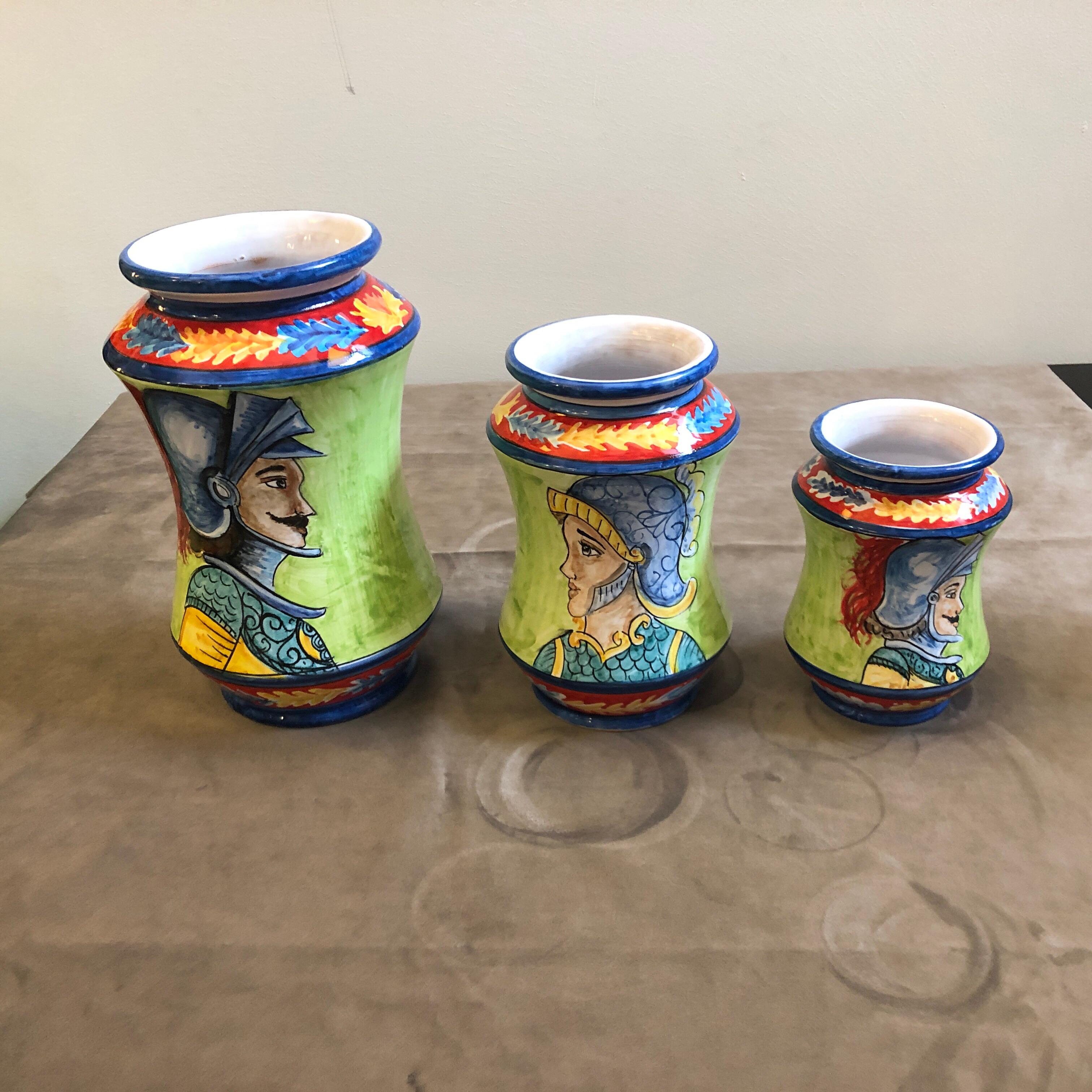 Set of Three Unique Pieces Hand Painted Sicilian Terracotta Albarello Vases 1