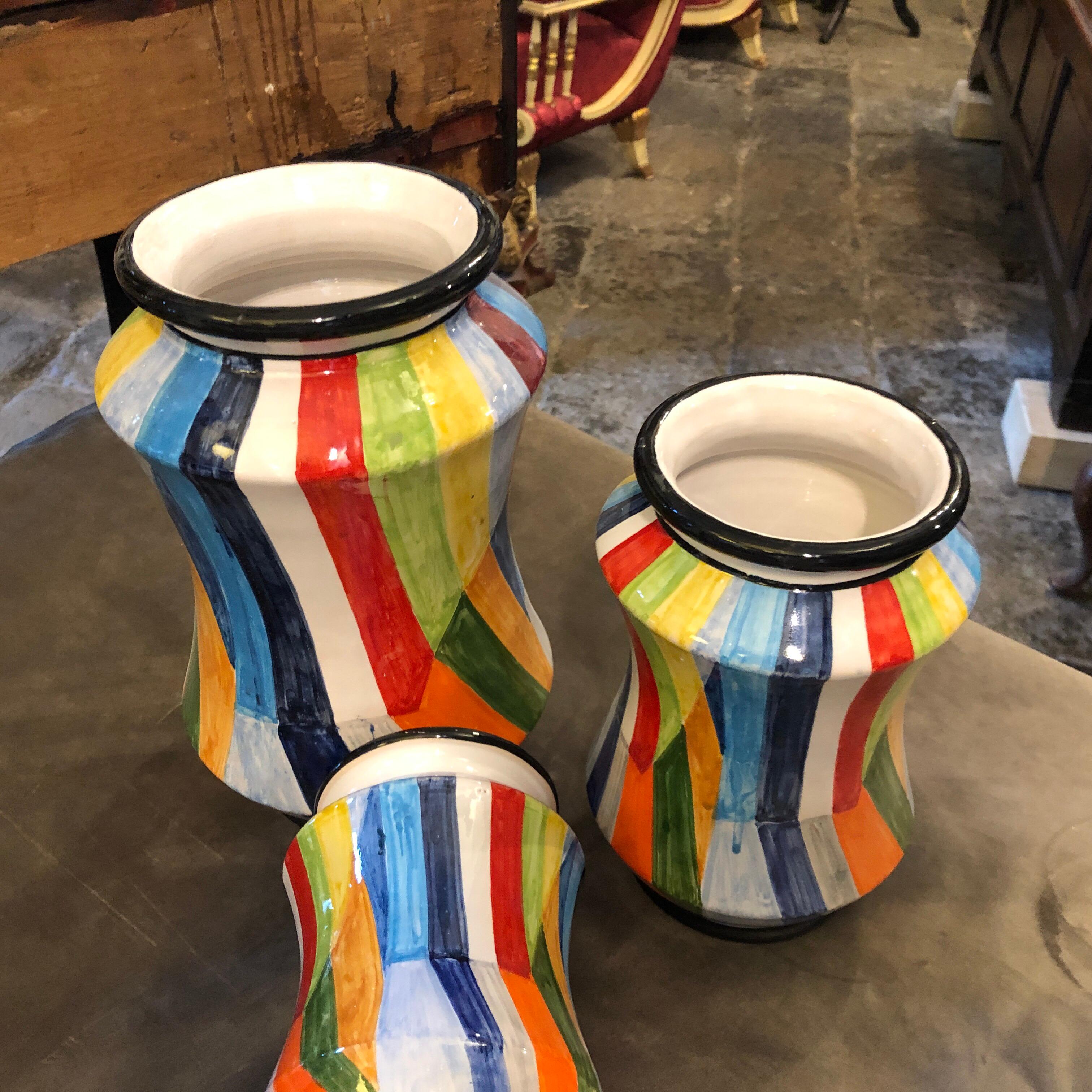 Set of Three Unique Pieces Hand Painted Sicilian Terracotta Albarello Vases 2