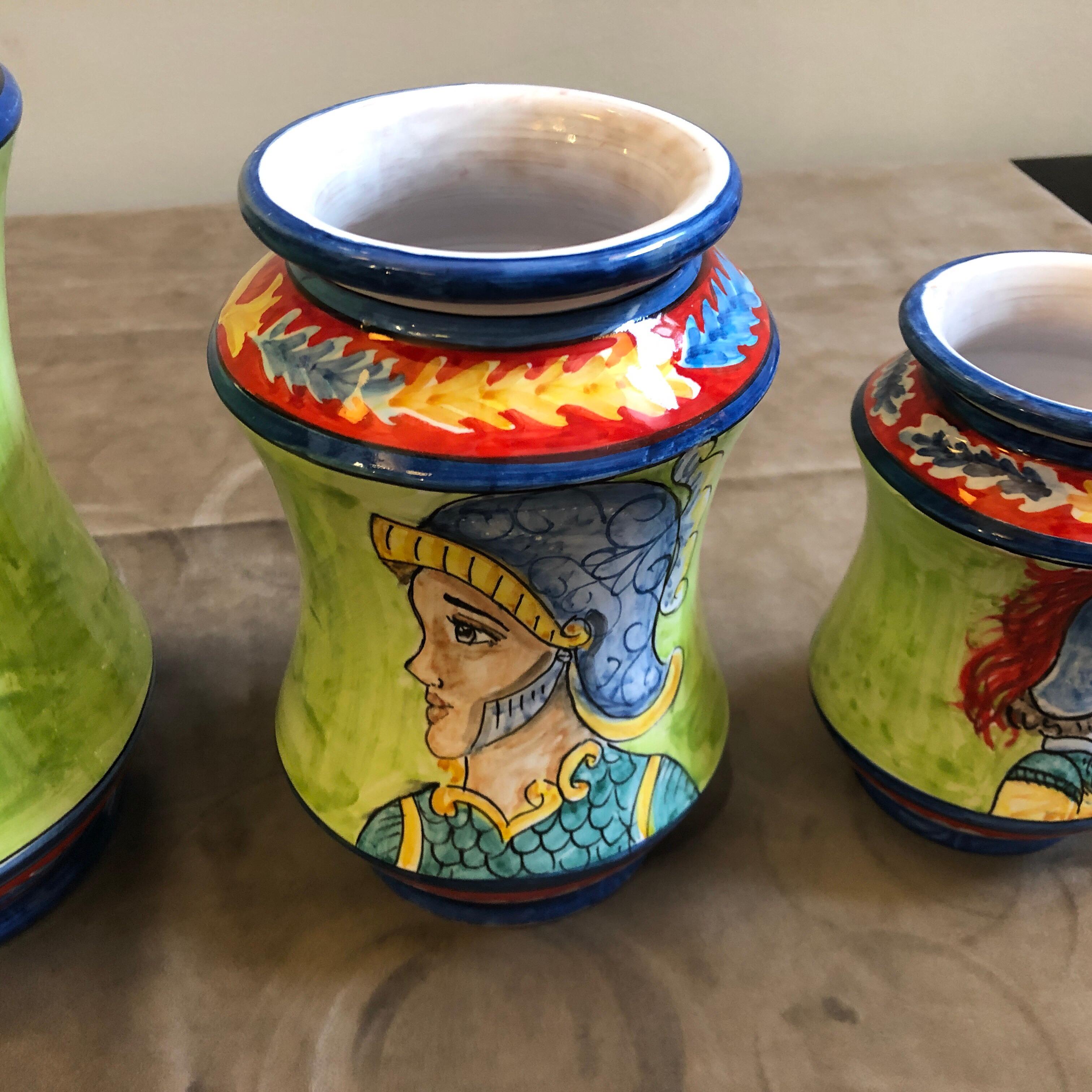 Set of Three Unique Pieces Hand Painted Sicilian Terracotta Albarello Vases 3