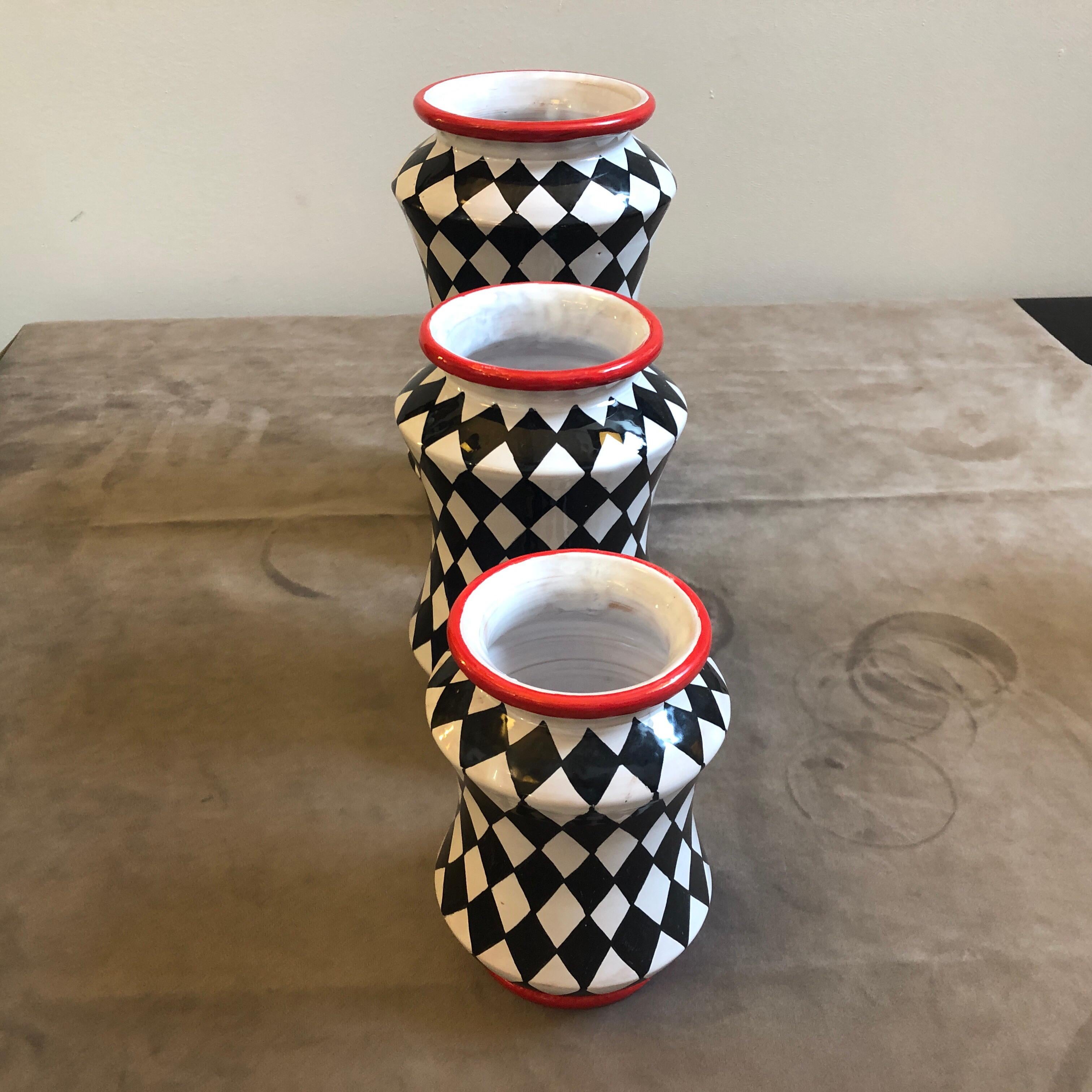 Set of Three Unique Pieces Hand Painted Sicilian Terracotta Albarello Vases 3