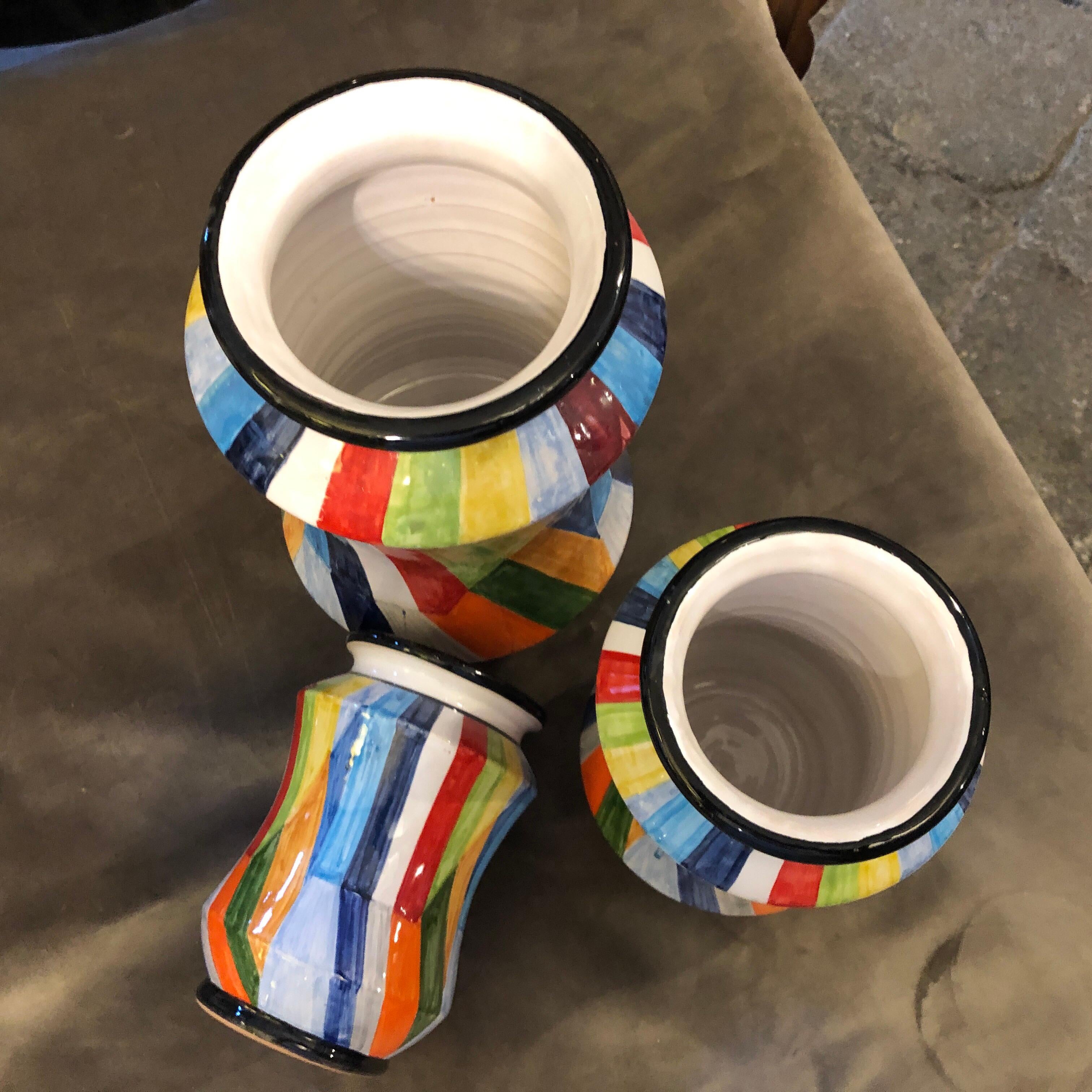Set of Three Unique Pieces Hand Painted Sicilian Terracotta Albarello Vases 3