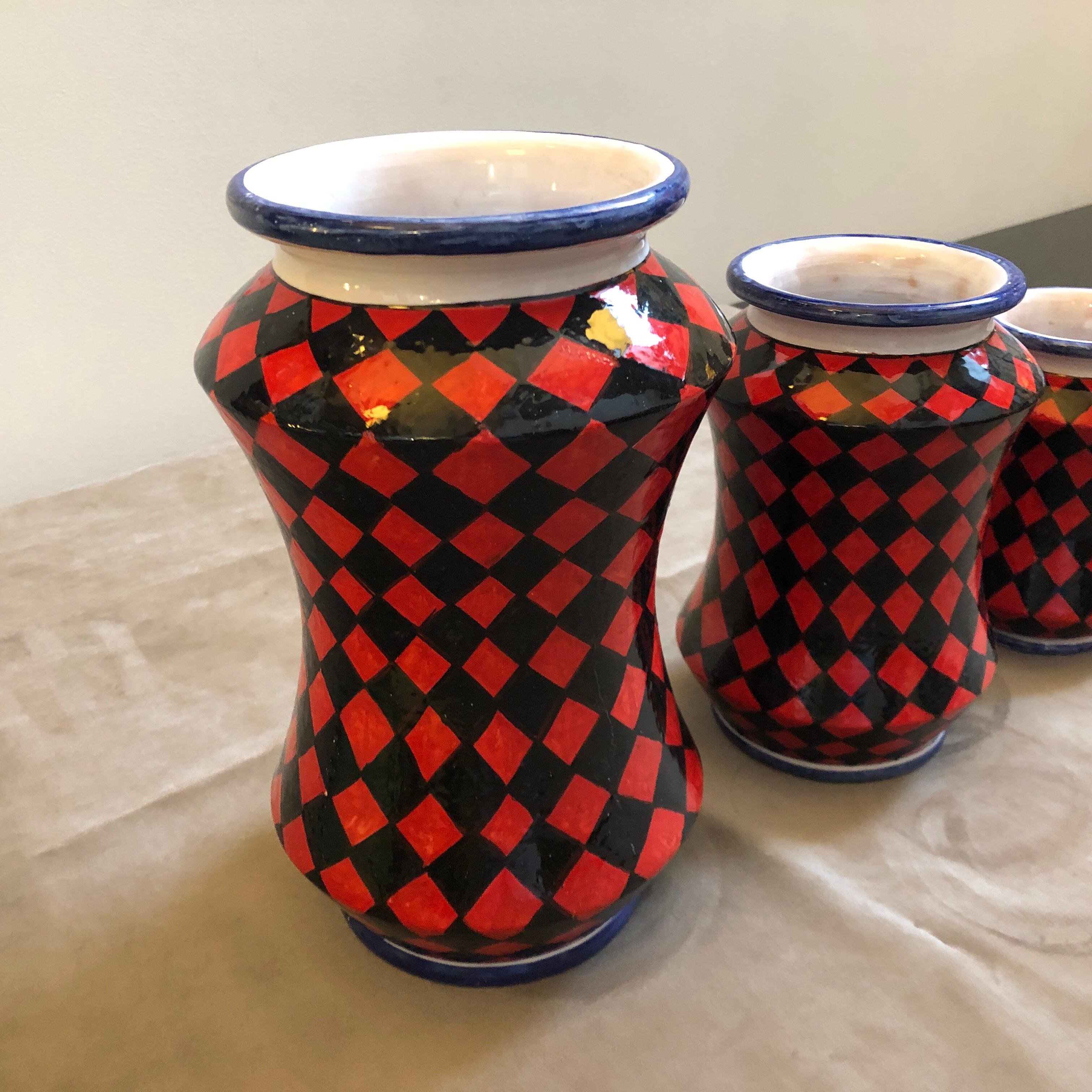 Set of Three Unique Pieces Hand Painted Sicilian Terracotta Albarello Vases For Sale 2
