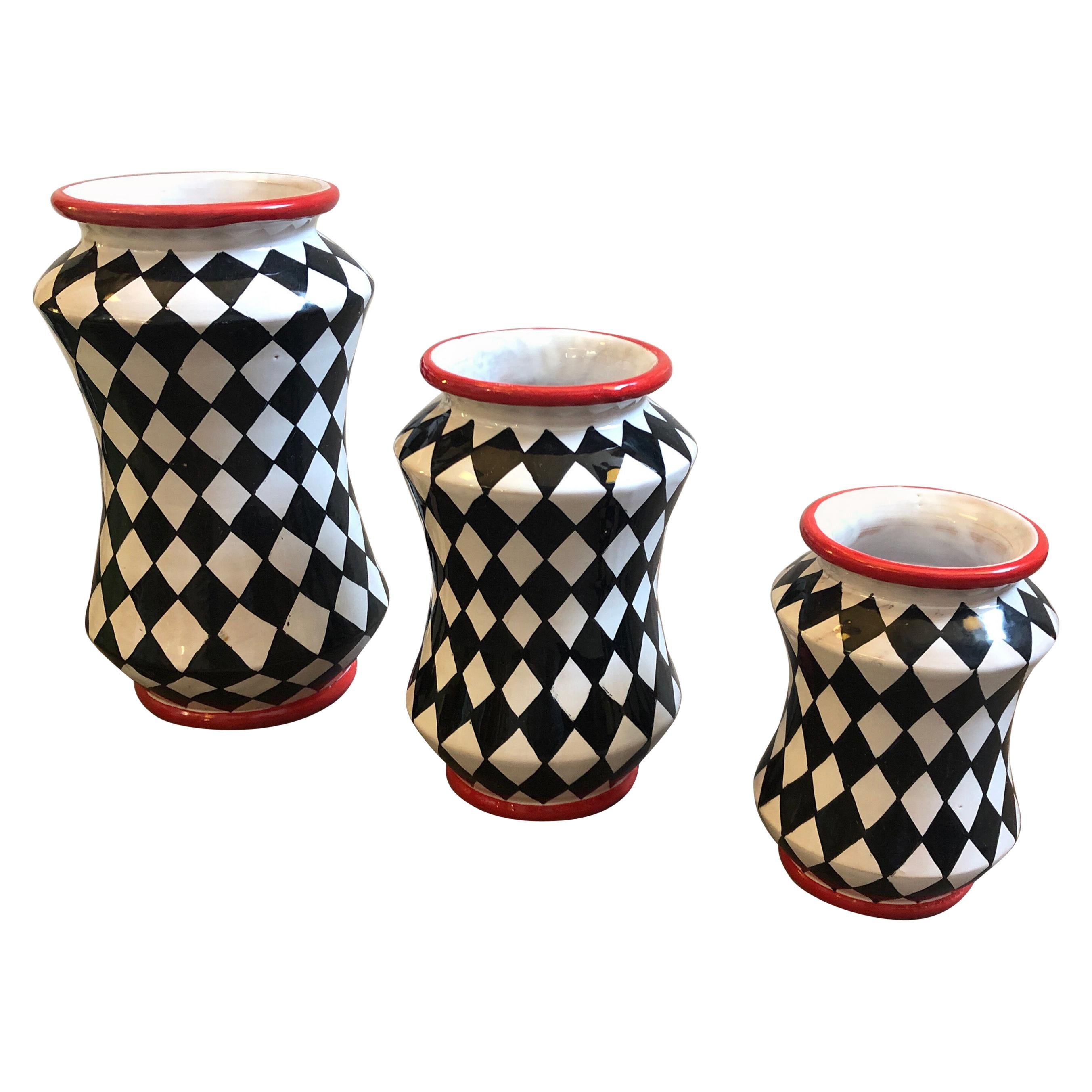 Set of Three Unique Pieces Hand Painted Sicilian Terracotta Albarello Vases