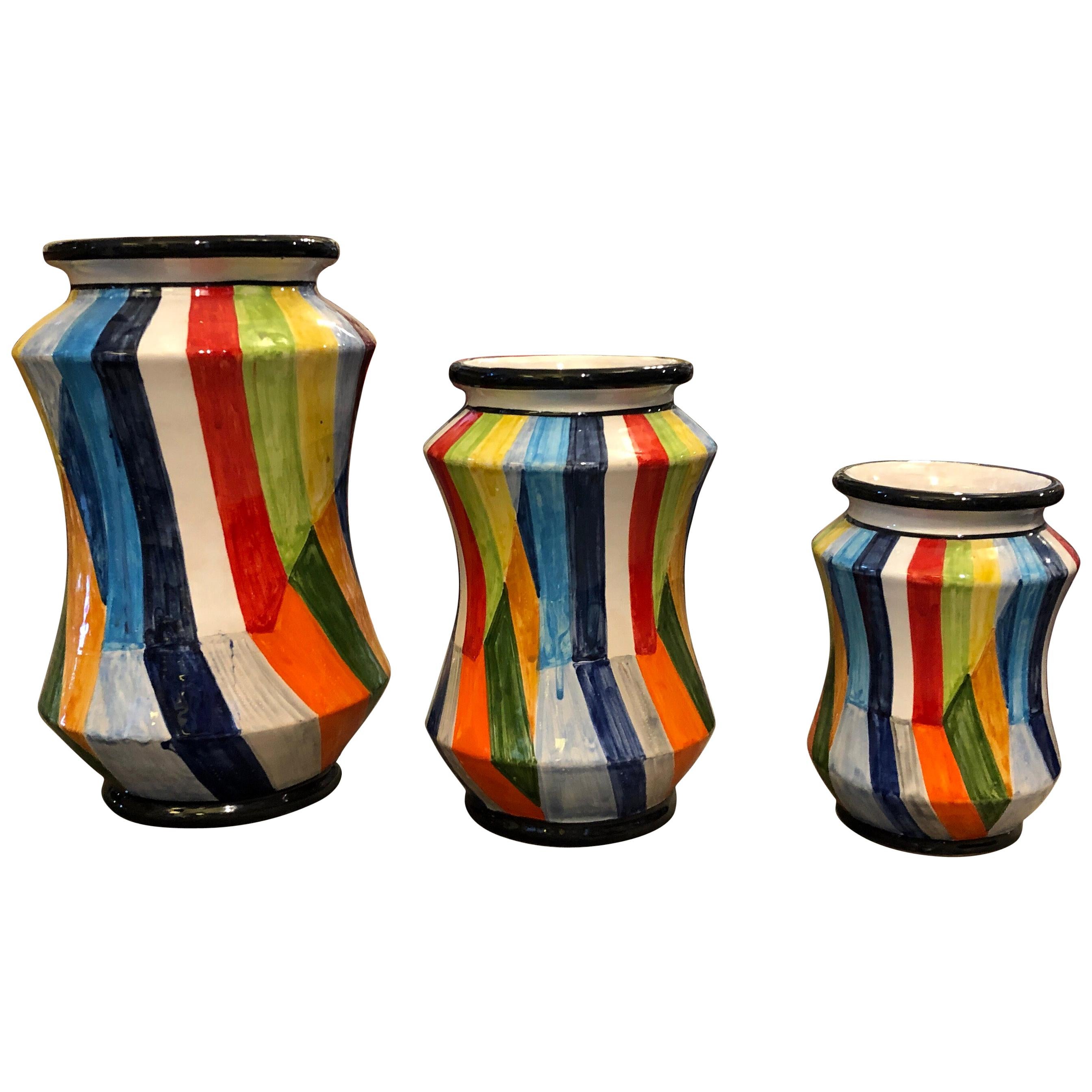 Set of Three Unique Pieces Hand Painted Sicilian Terracotta Albarello Vases