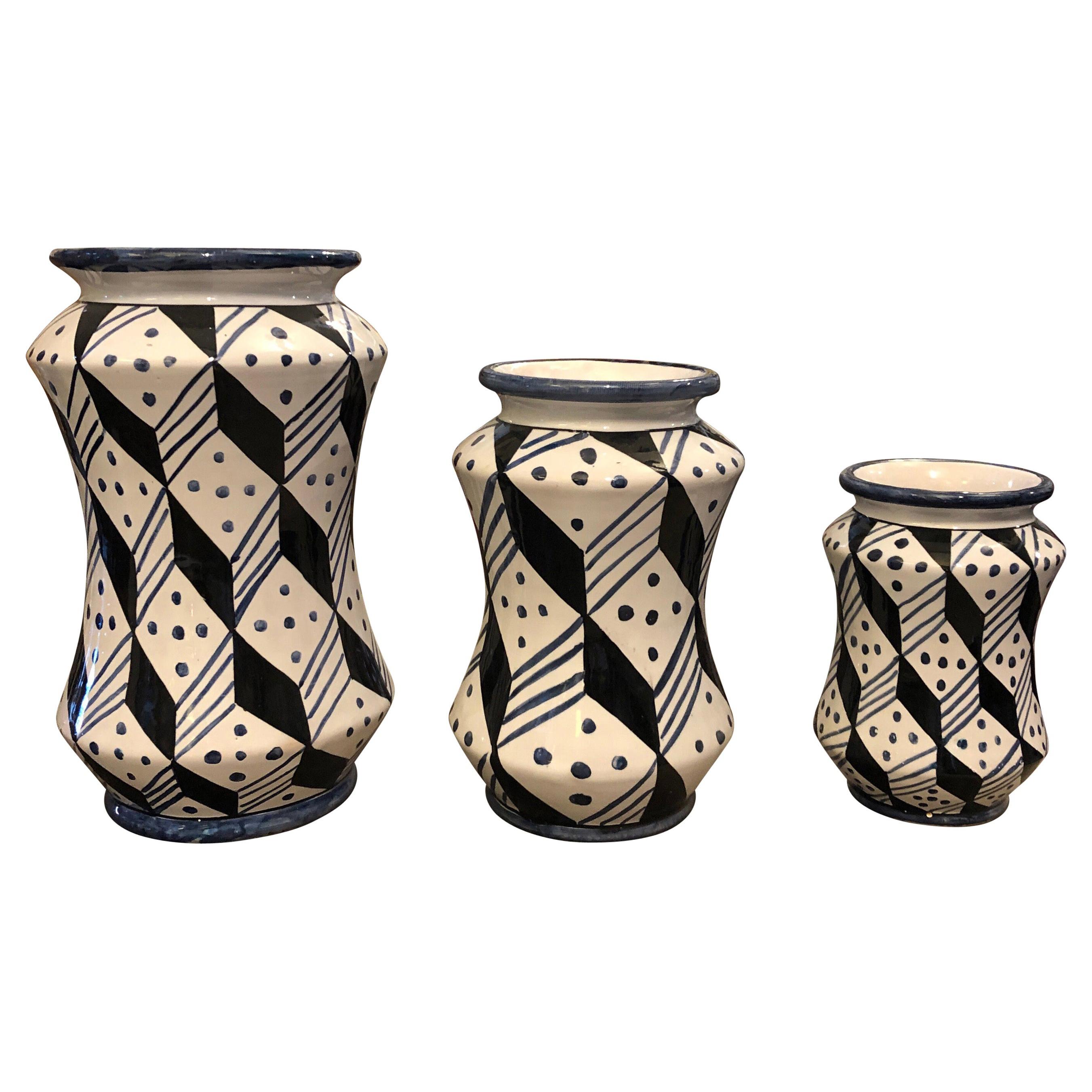 Set of Three Unique Pieces Hand Painted Sicilian Terracotta Albarello Vases For Sale