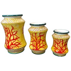 Set of Three Unique Pieces Hand Painted Sicilian Terracotta Albarello Vases