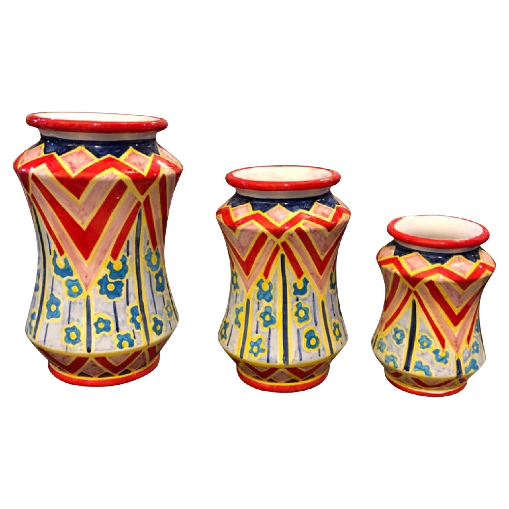 Set of Three Unique Pieces Hand Painted Sicilian Terracotta Albarello Vases For Sale