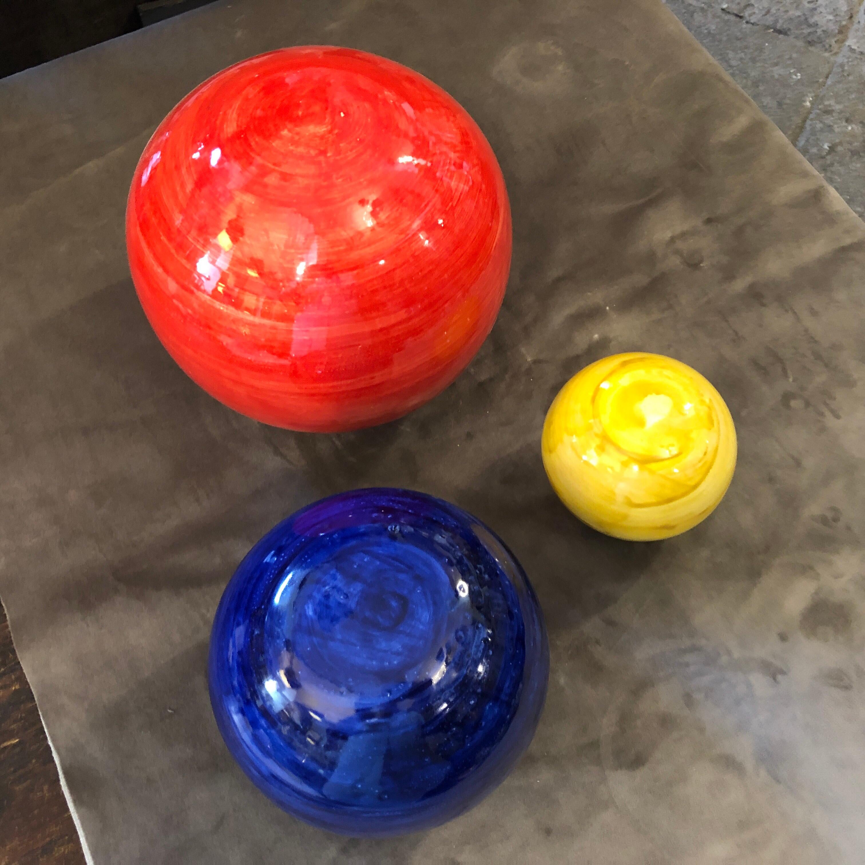 Contemporary Set of Three Unique Pieces Hand Painted Sicilian Terracotta Decorative Spheres For Sale