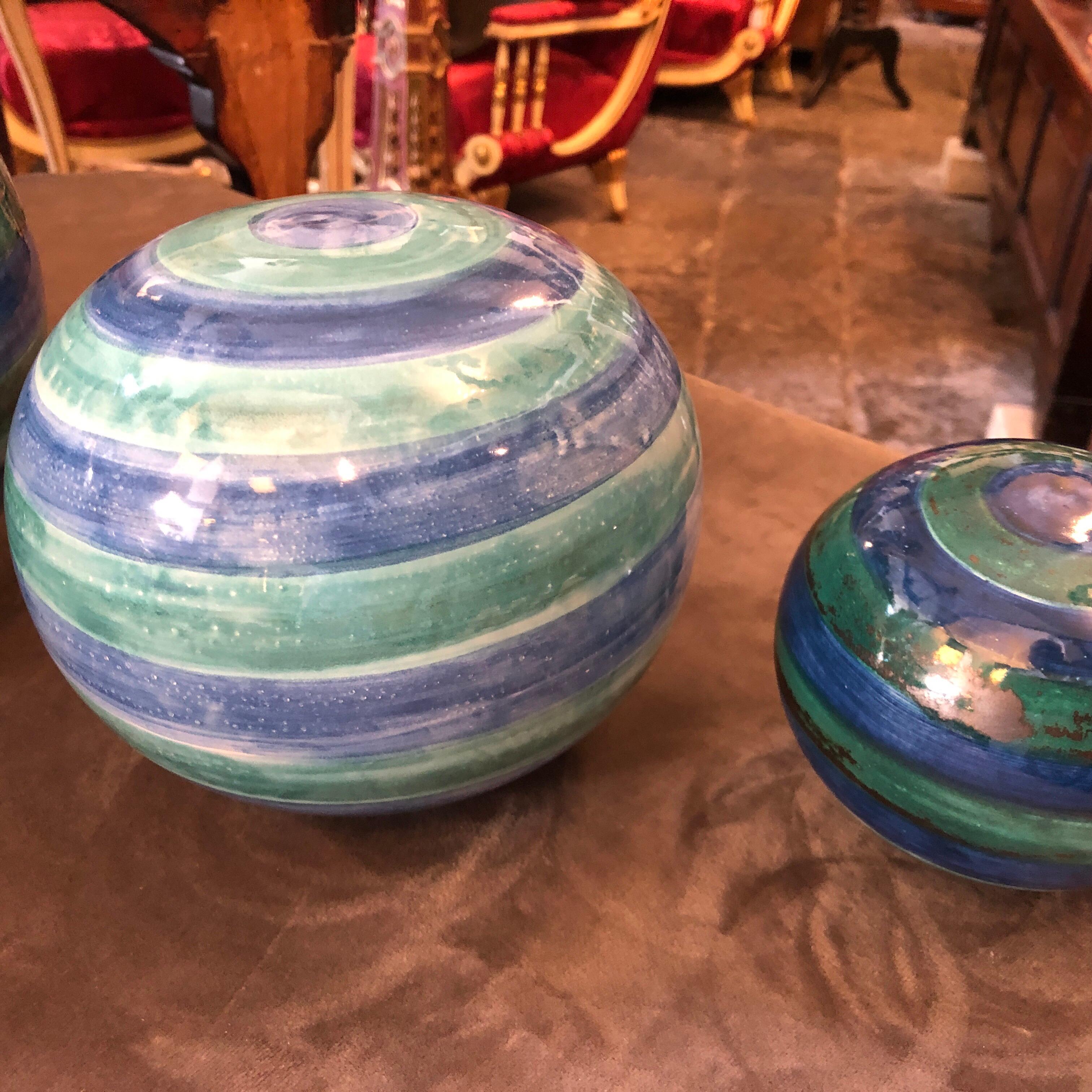 Contemporary Set of Three Unique Pieces Hand Painted Sicilian Terracotta Decorative Spheres For Sale