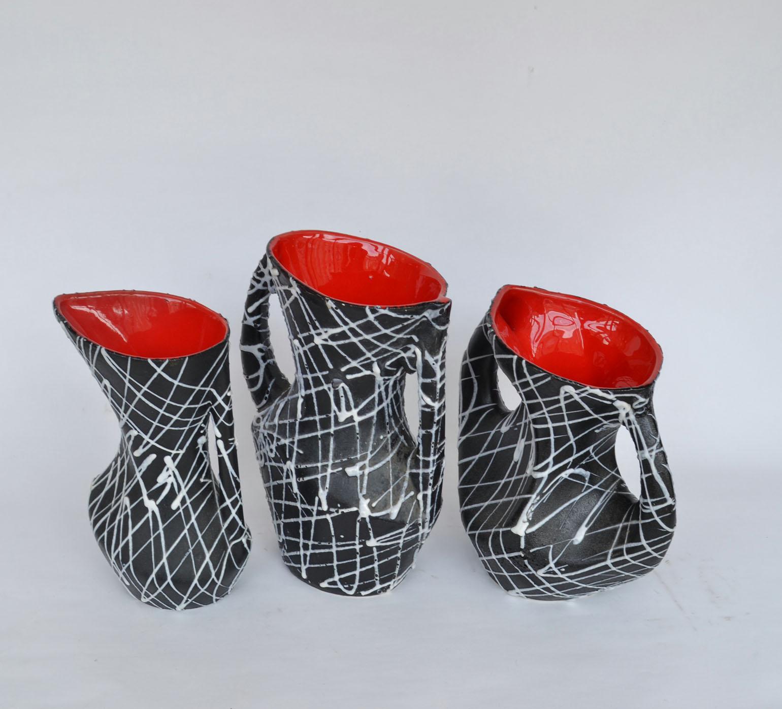 Mid-Century Modern Set of Three Vallauris Ceramic Vases in Black & White For Sale